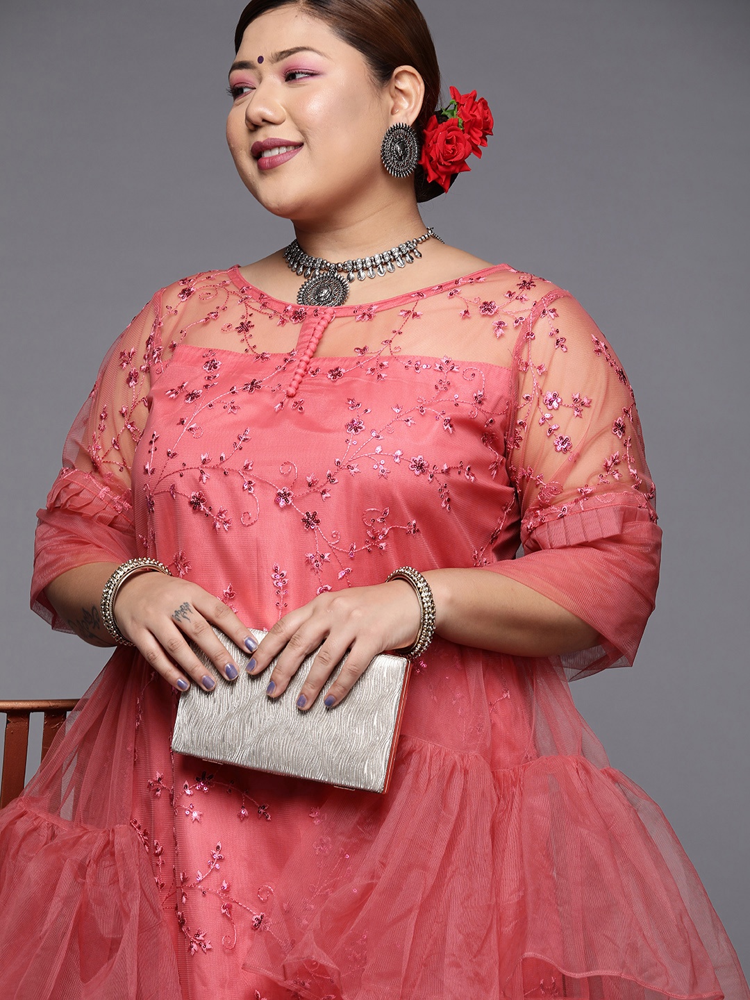 

INDDUS PLUS Women Plus Size Coral Pink Floral Sequinned Kurta with Palazzos & Dupatta