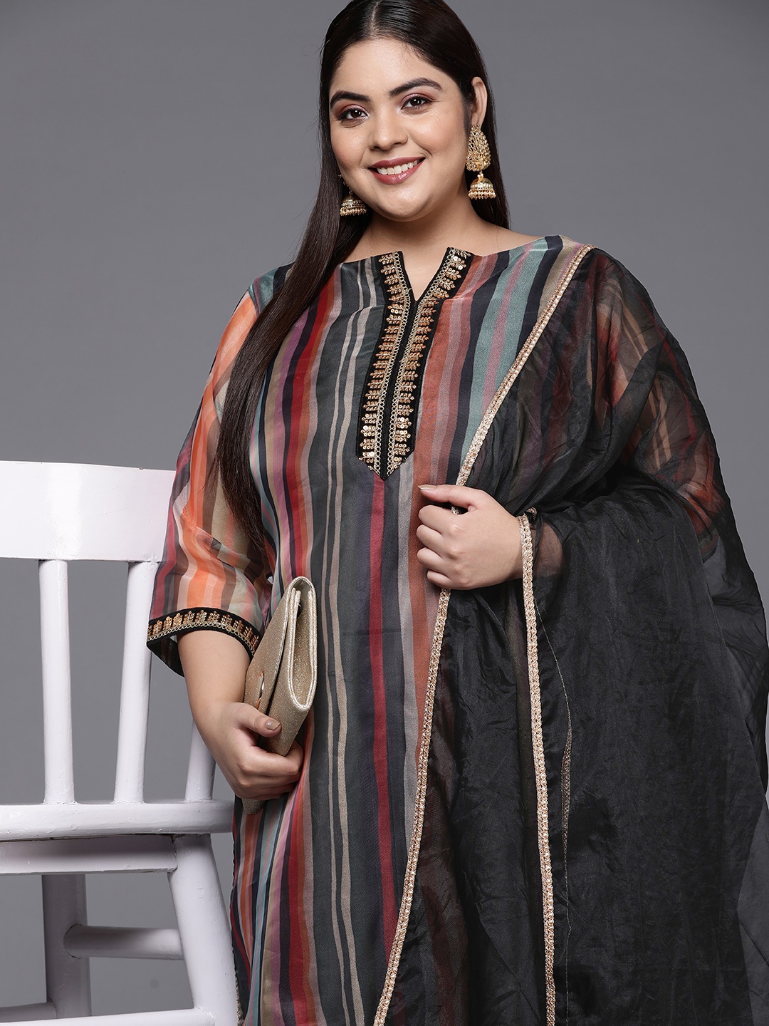 

INDDUS PLUS Women Striped Sequinned Straight Kurta with Trousers & With Dupatta, Multi