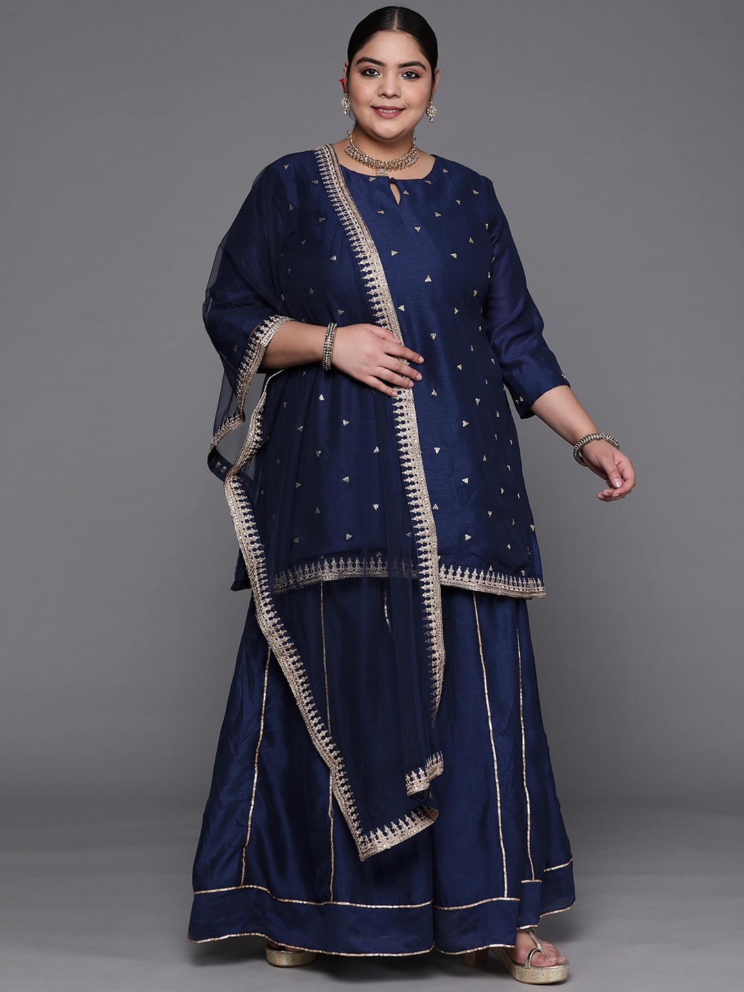 

INDDUS PLUS Women Navy Blue Embroidered Sequinned Kurta with Sharara & With Dupatta