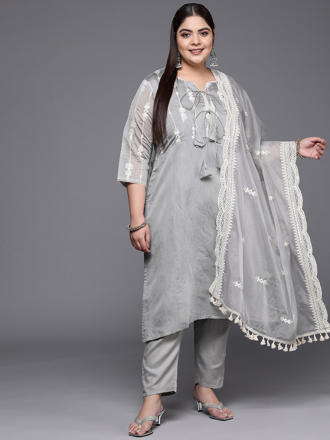

INDDUS PLUS Women Yoke Design Mirror Work Chanderi Cotton Straight Kurta Trousers Dupatta, Grey