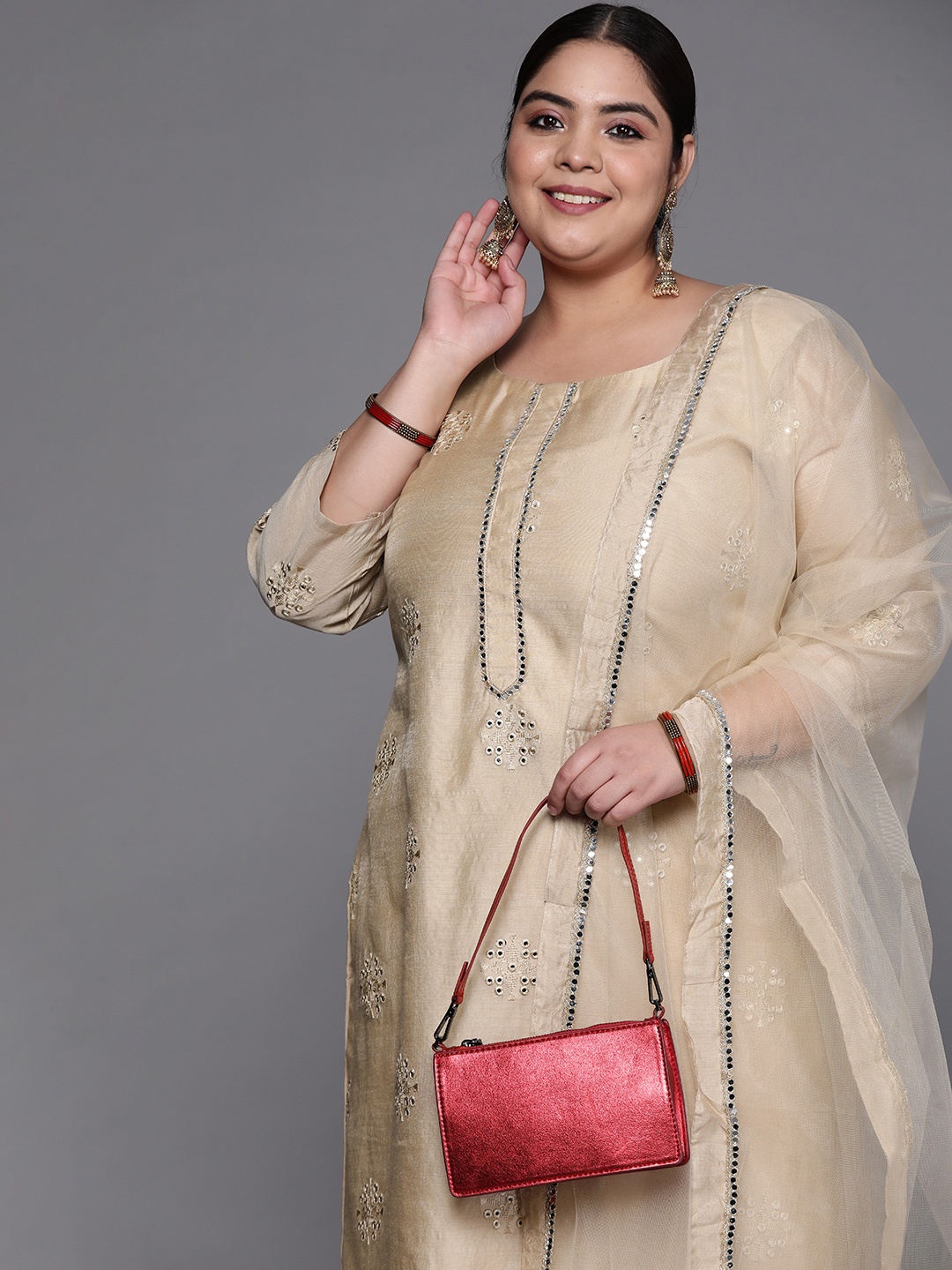 

INDDUS PLUS Women Beige Ethnic Motifs Embroidered Mirror Work Kurta with Trousers & With Dupatta