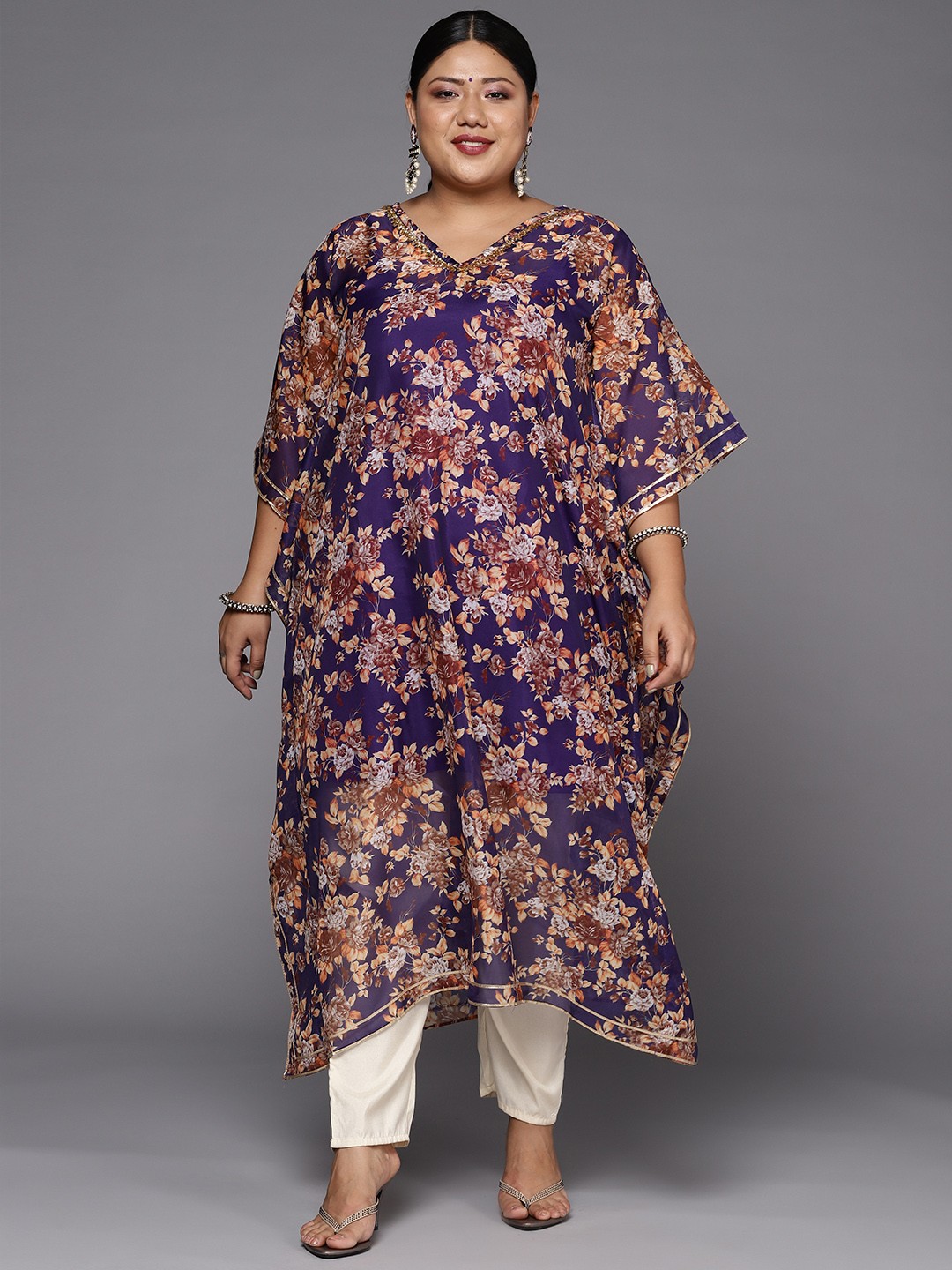

INDDUS PLUS Women Purple & Orange Floral Printed Organza Scalloped Edge Kurta