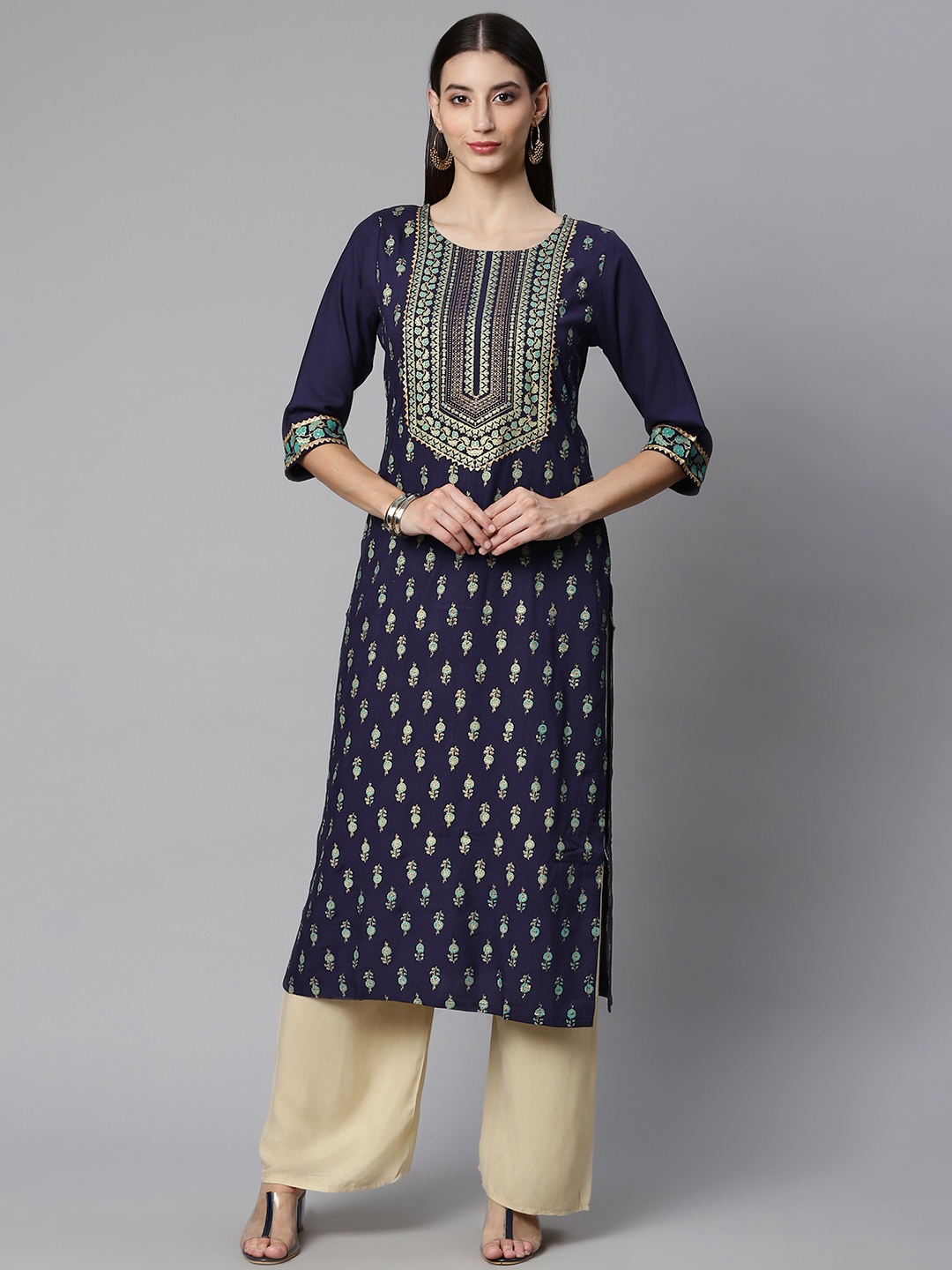 

Ginni Arora Label Women Navy Blue & Gold-Toned Ethnic Motifs Printed Kurta