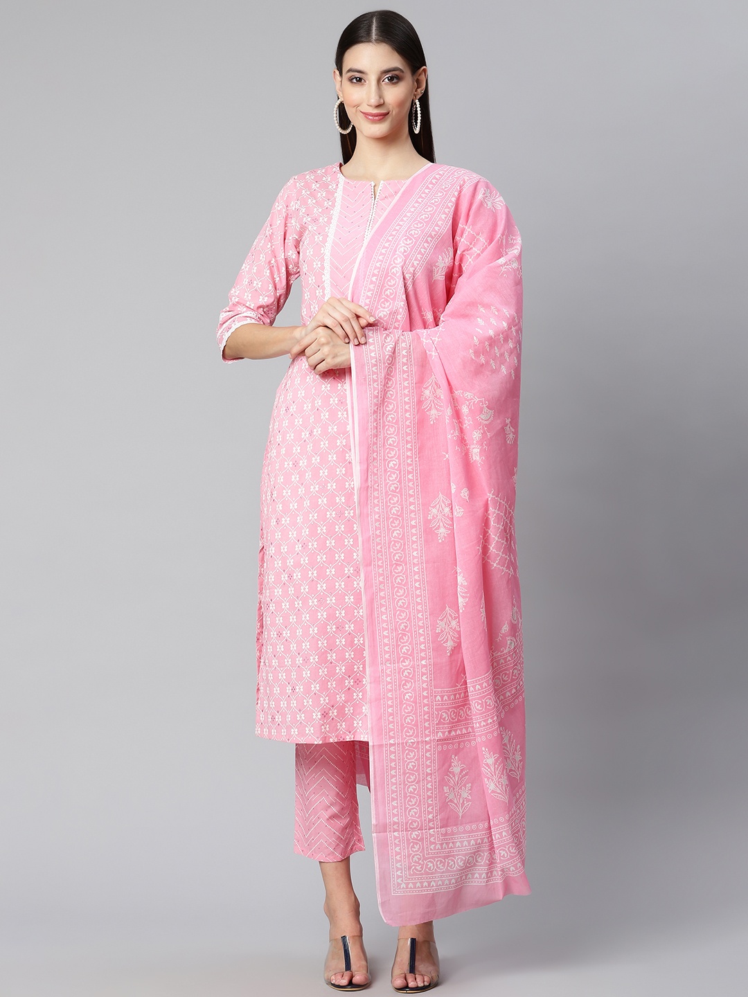 

Ginni Arora Label Women Pink Ethnic Motifs Printed Pure Cotton Kurta with Trousers & With Dupatta