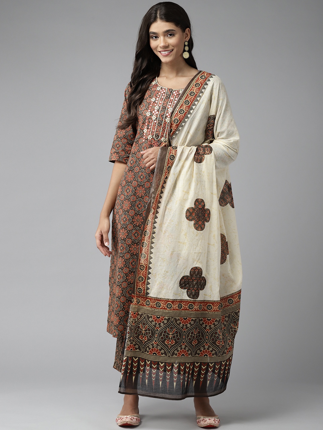 

Ginni Arora Label Women Brown Ethnic Motifs Printed Pure Cotton Kurta with Trousers & With Dupatta