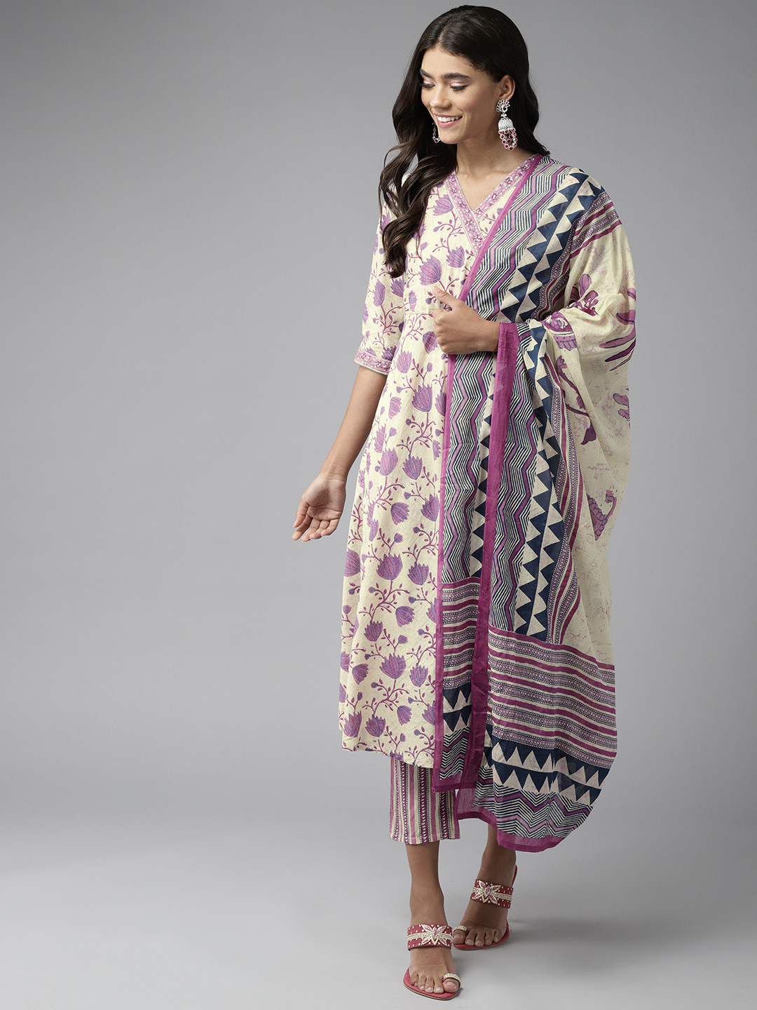 

Ginni Arora Label Women Beige Ethnic Motifs Printed Pure Cotton Kurta with Trousers & With Dupatta
