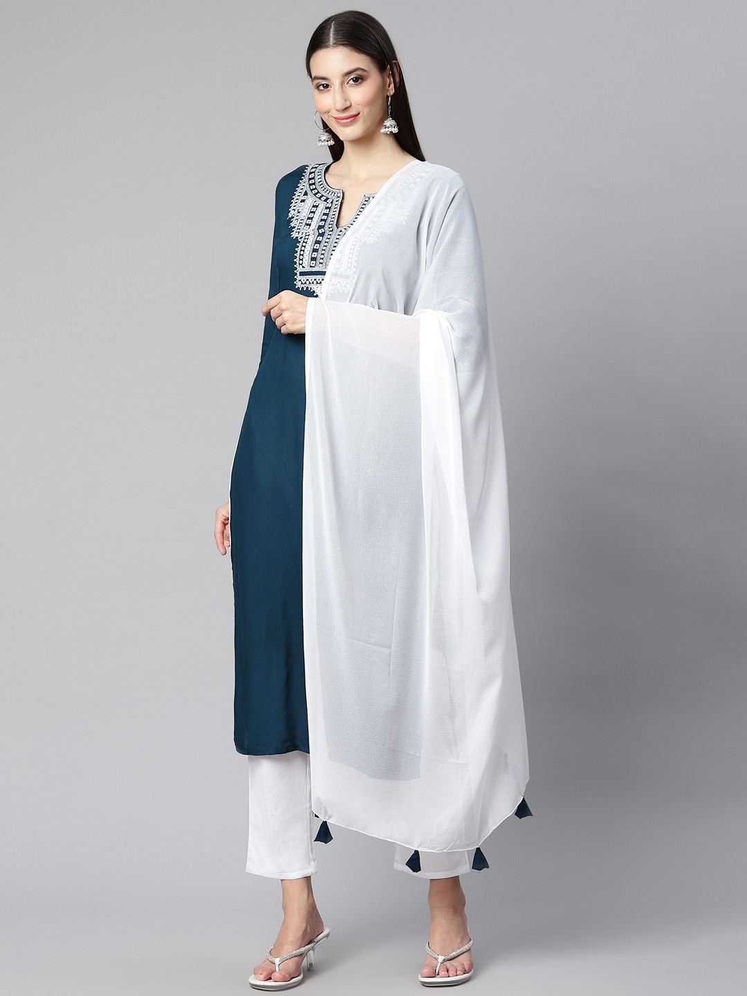 

Ginni Arora Label Women Teal Ethnic Motifs Embroidered Pure Cotton Kurta with Trousers & With Dupatta