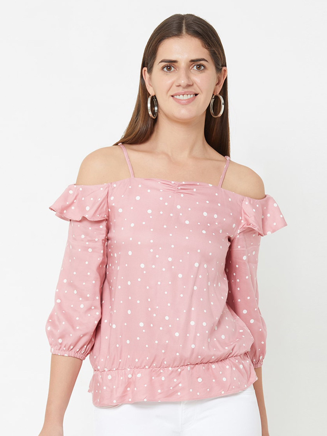 

Kraus Jeans Women Pink Polka Dot Printed Bardot Top