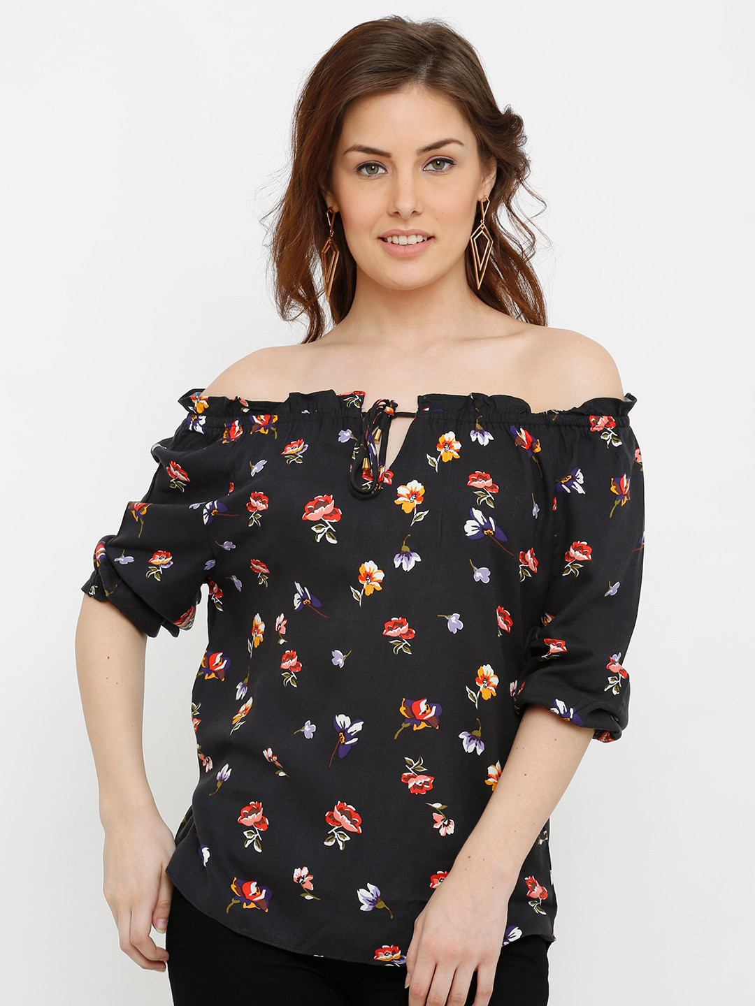 

Kraus Jeans Women Black Floral Printed Off-Shoulder Top