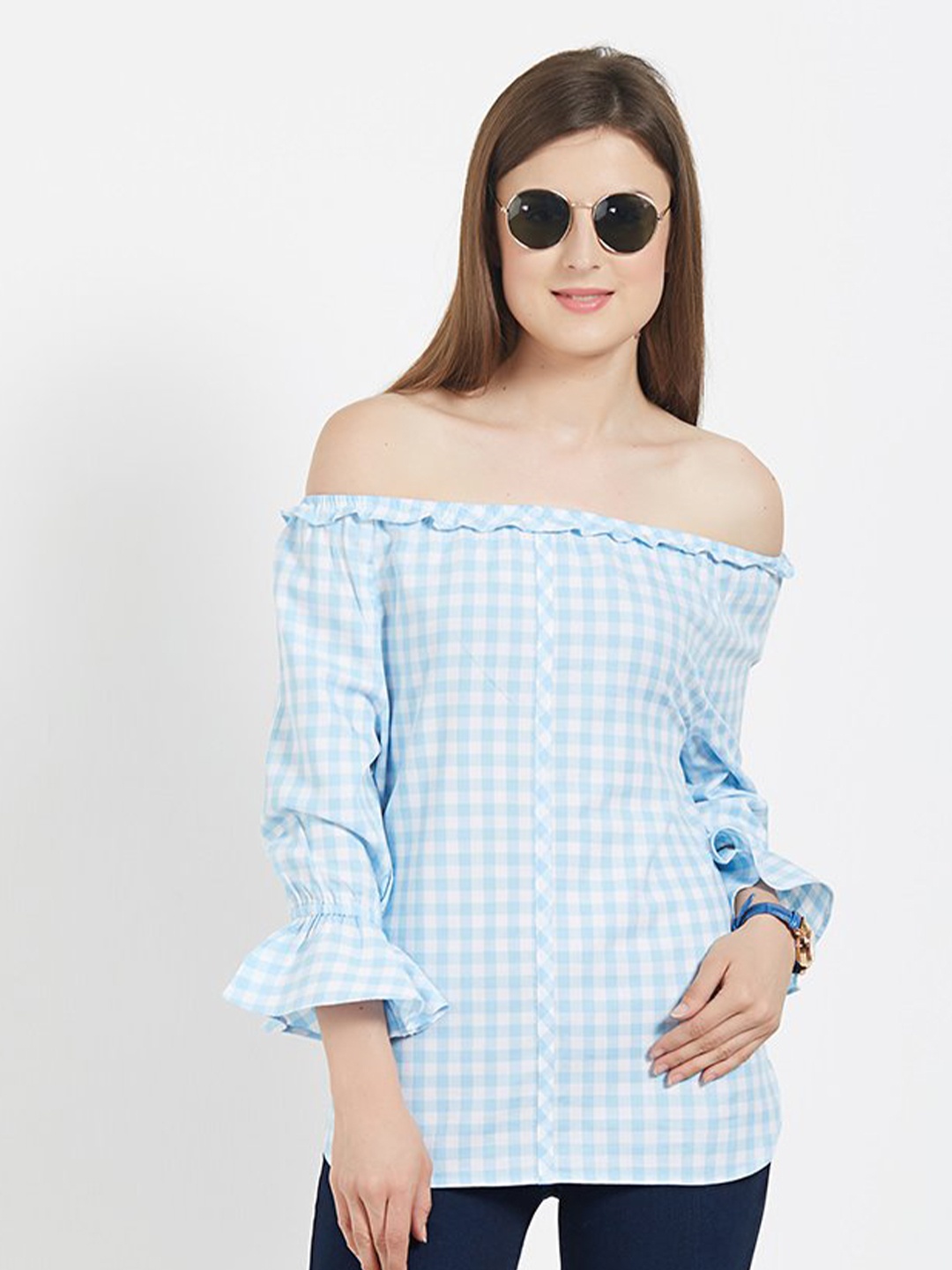 

Kraus Jeans Blue Checked Off-Shoulder Bardot Pure Cotton Top