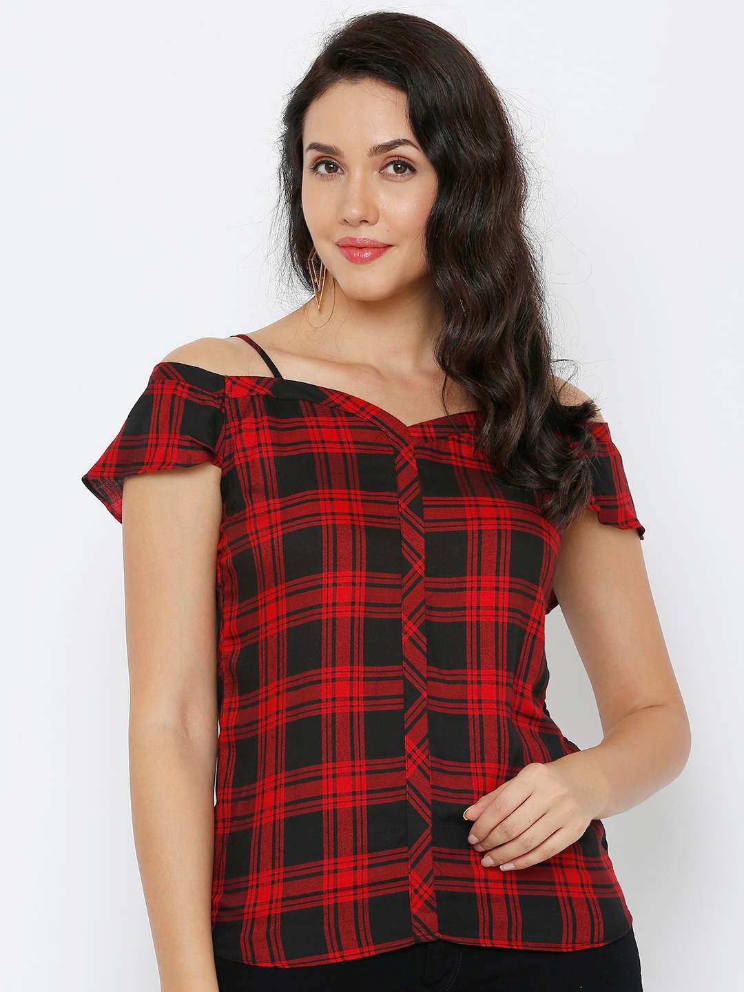 

Kraus Jeans Red & Black Checked Cold-Shoulder Sleeves Top