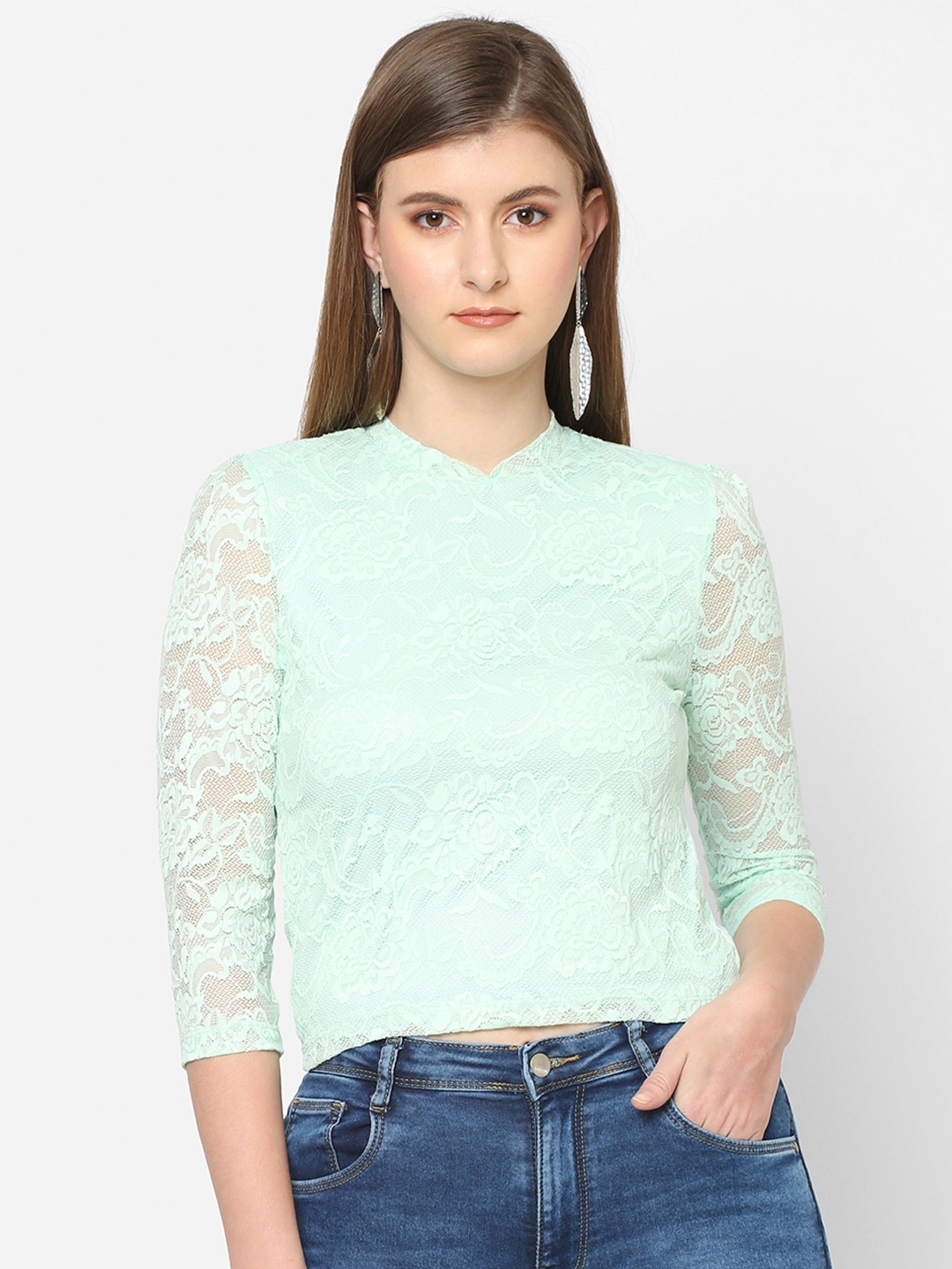 

Kraus Jeans Green Floral Mandarin Collar Crop Top