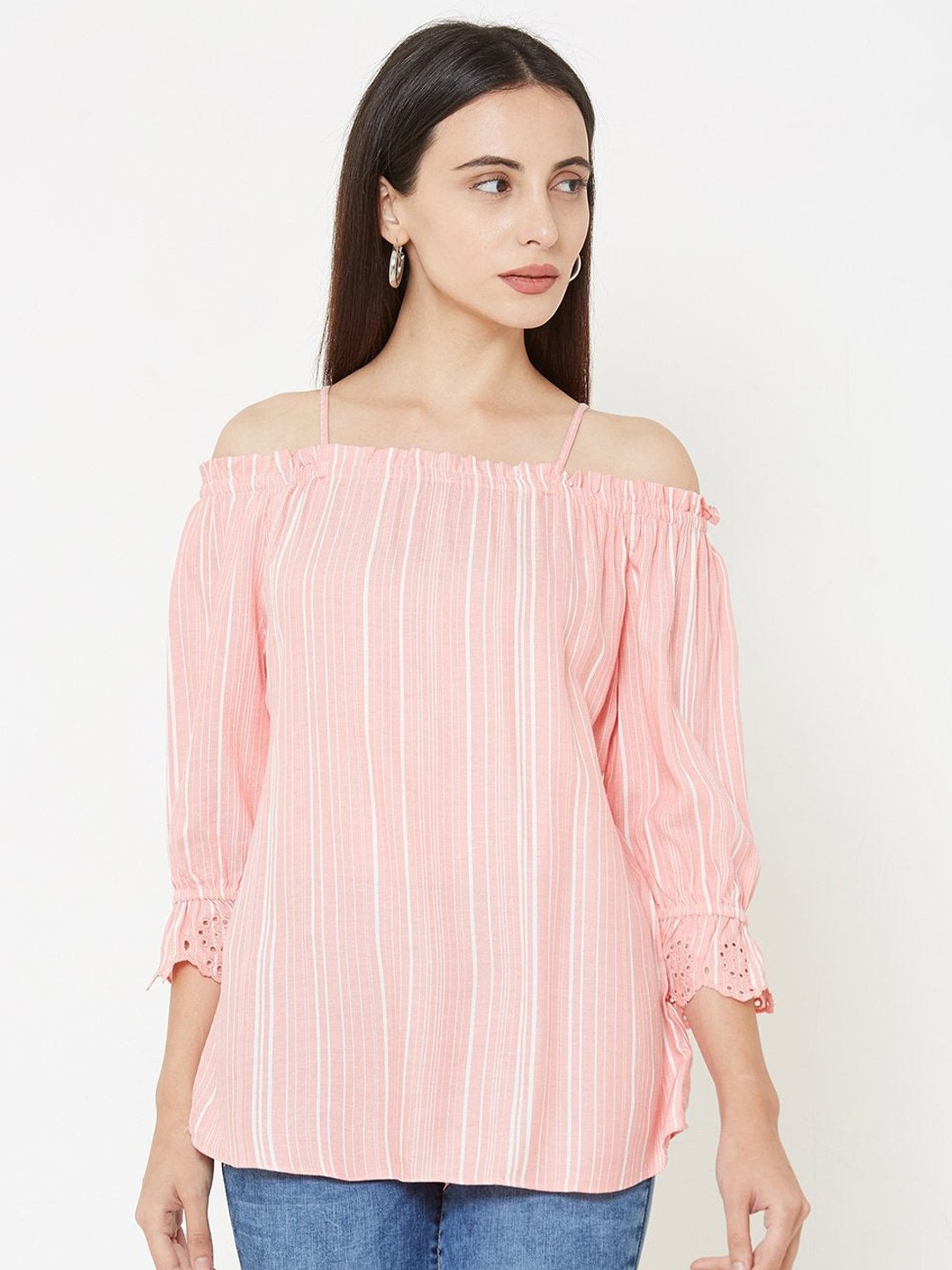

Kraus Jeans Women Peach Striped Off-Shoulder Top