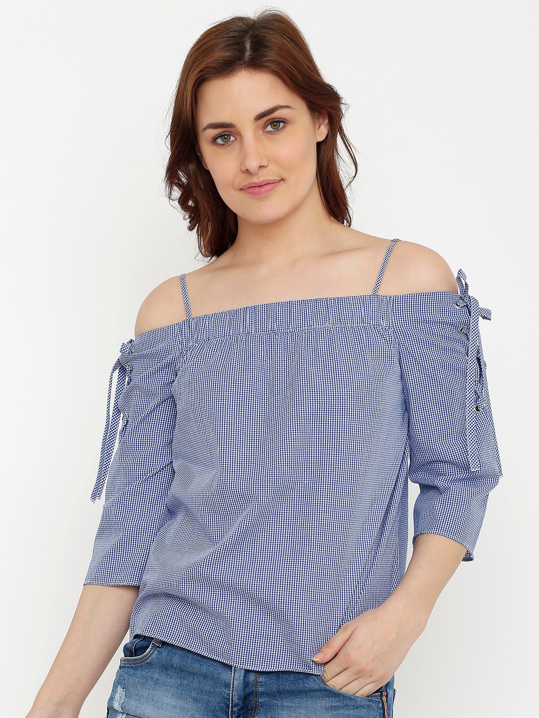 

Kraus Jeans Blue Striped Pure Cotton Off Shoulder Top