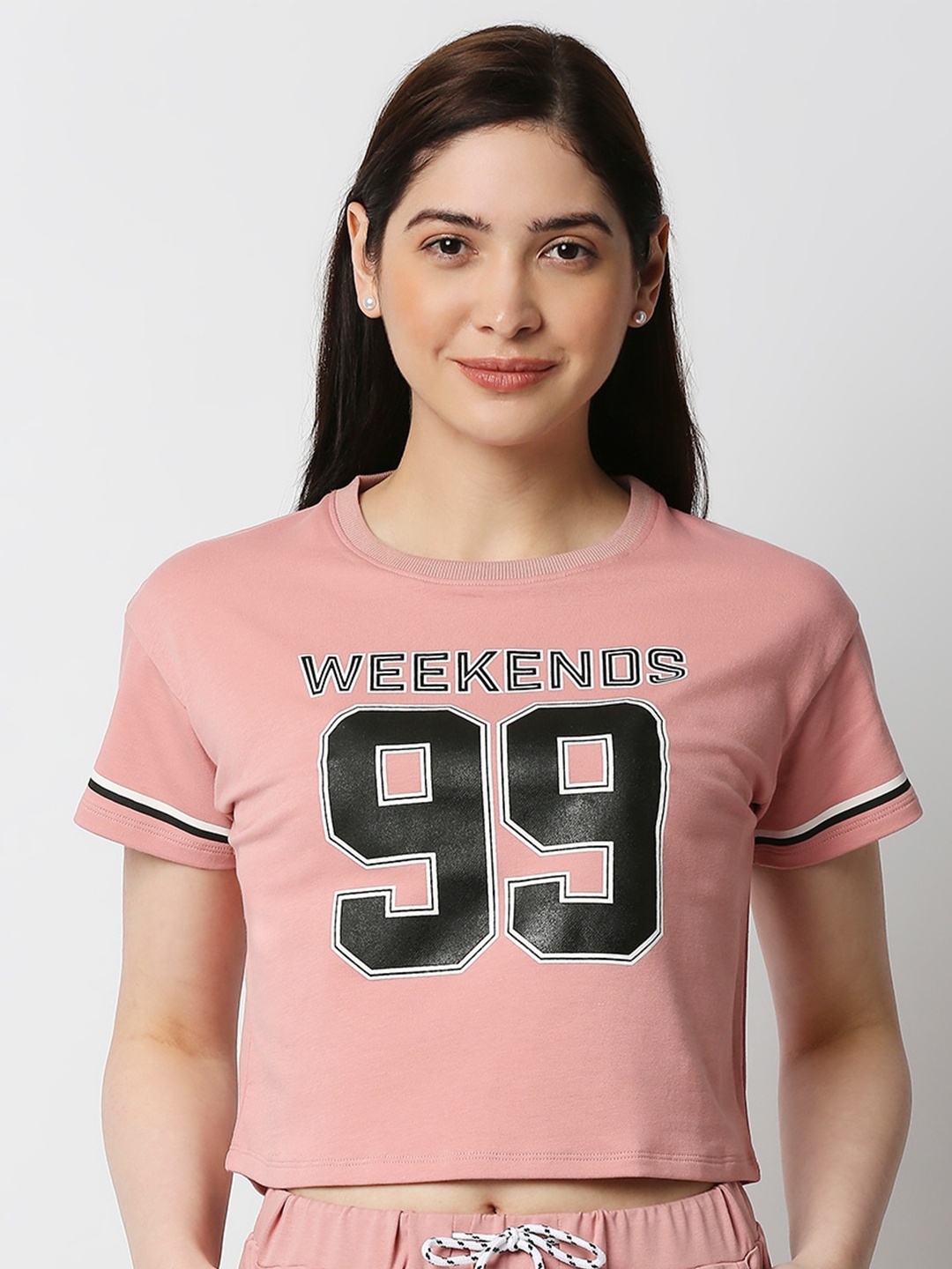 

Kraus Jeans Pink Typography Printed Pure Cotton Crop Top