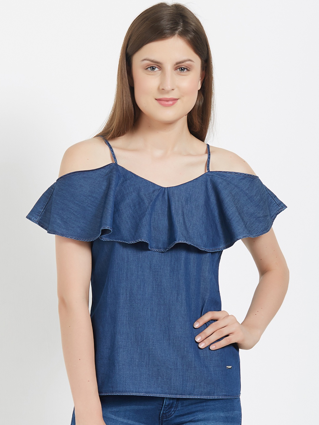 

Kraus Jeans Blue Off-Shoulder Pure Cotton Top