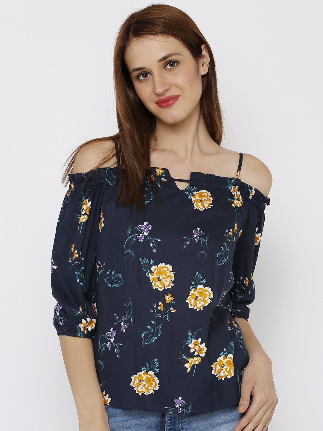 

Kraus Jeans Navy Blue Floral Print Off-Shoulder Bardot Top