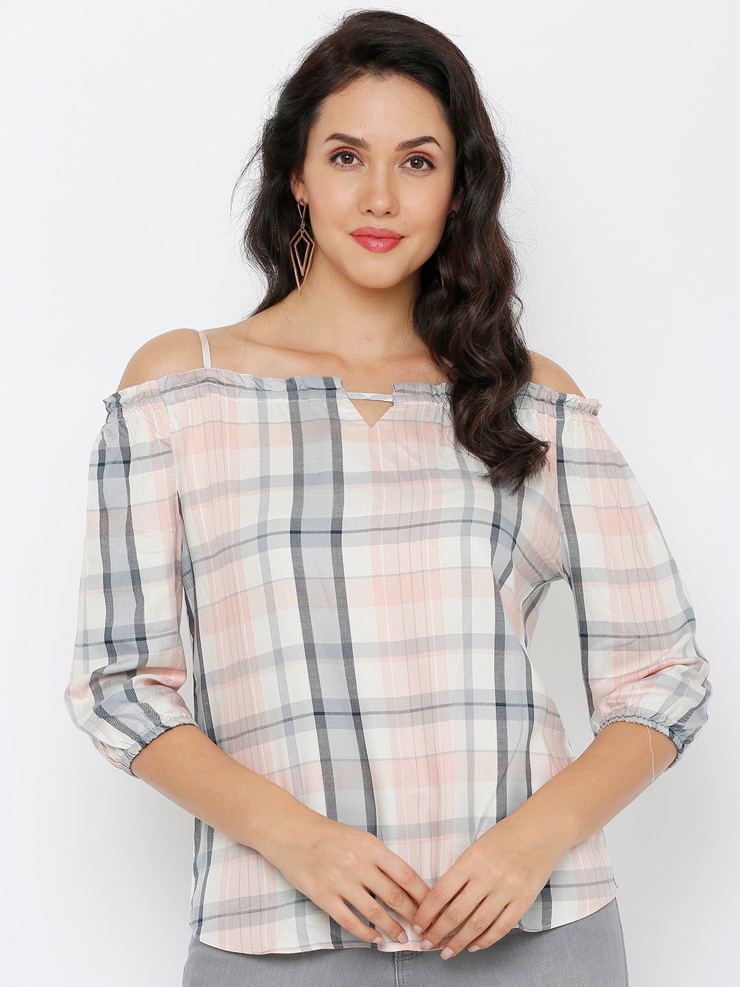 

Kraus Jeans Grey Checked Off-Shoulder Bardot Top