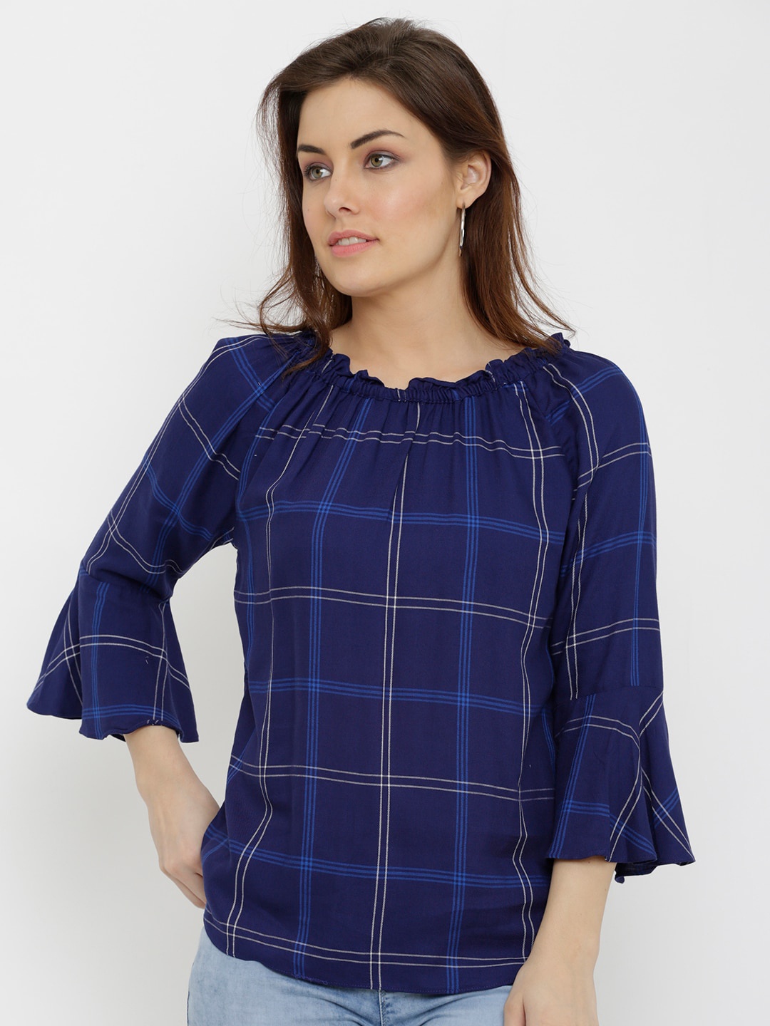 

Kraus Jeans Blue Checked Bell Sleeves Top
