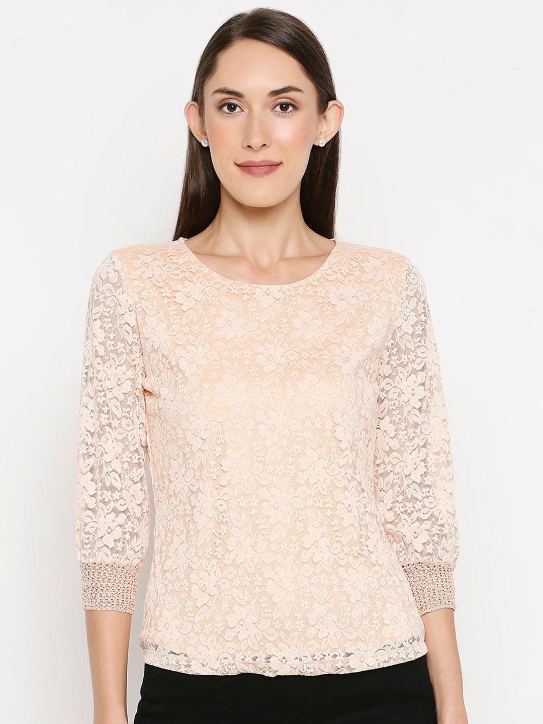 

Kraus Jeans Women Peach-Coloured Floral Lace Top