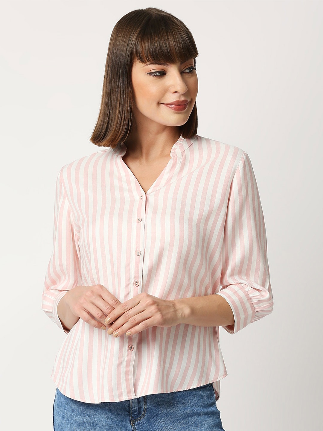 

Kraus Jeans Peach-Coloured Striped Mandarin Collar Shirt Style Top