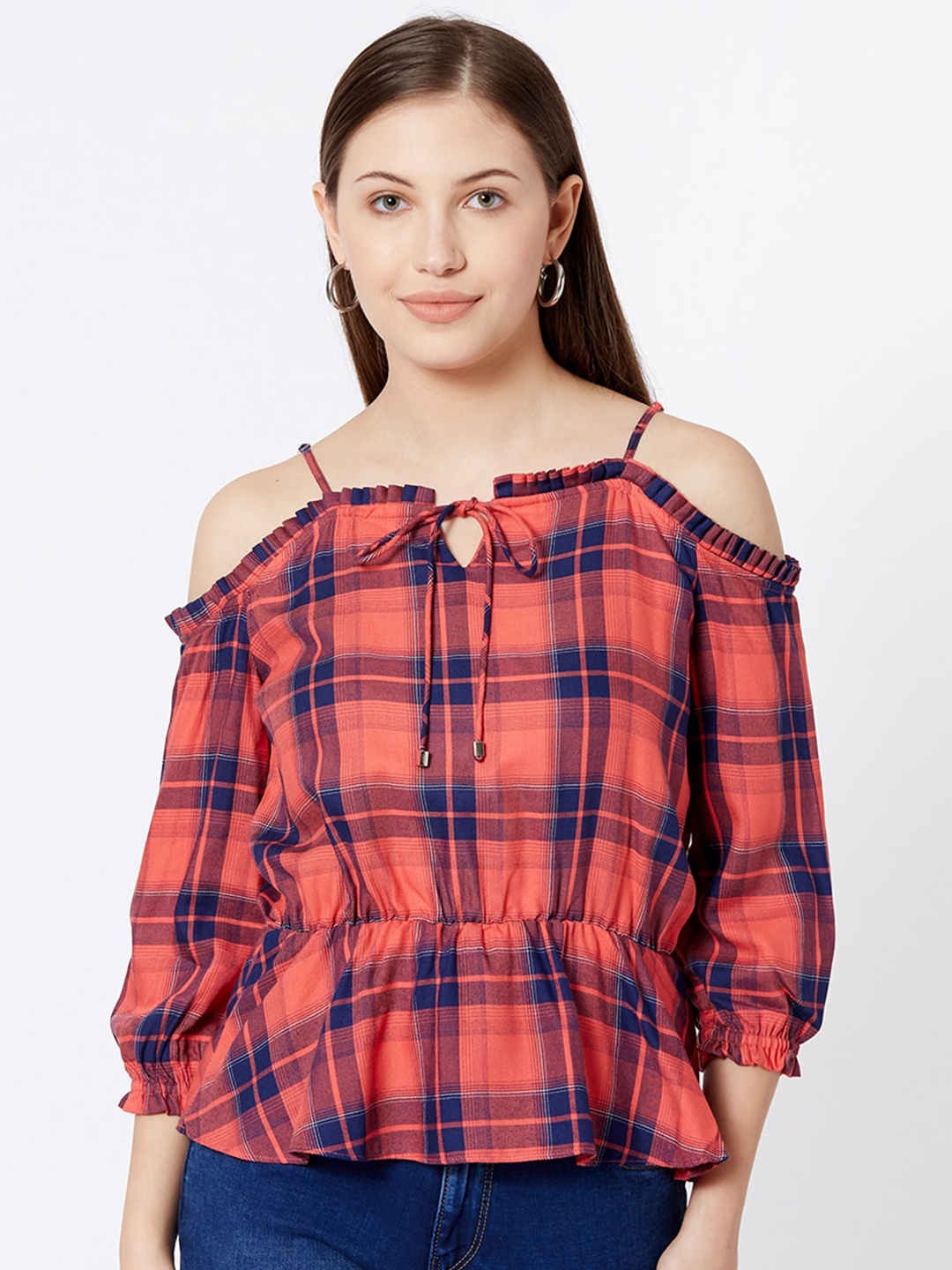 

Kraus Jeans Navy Blue Checked Peplum Top