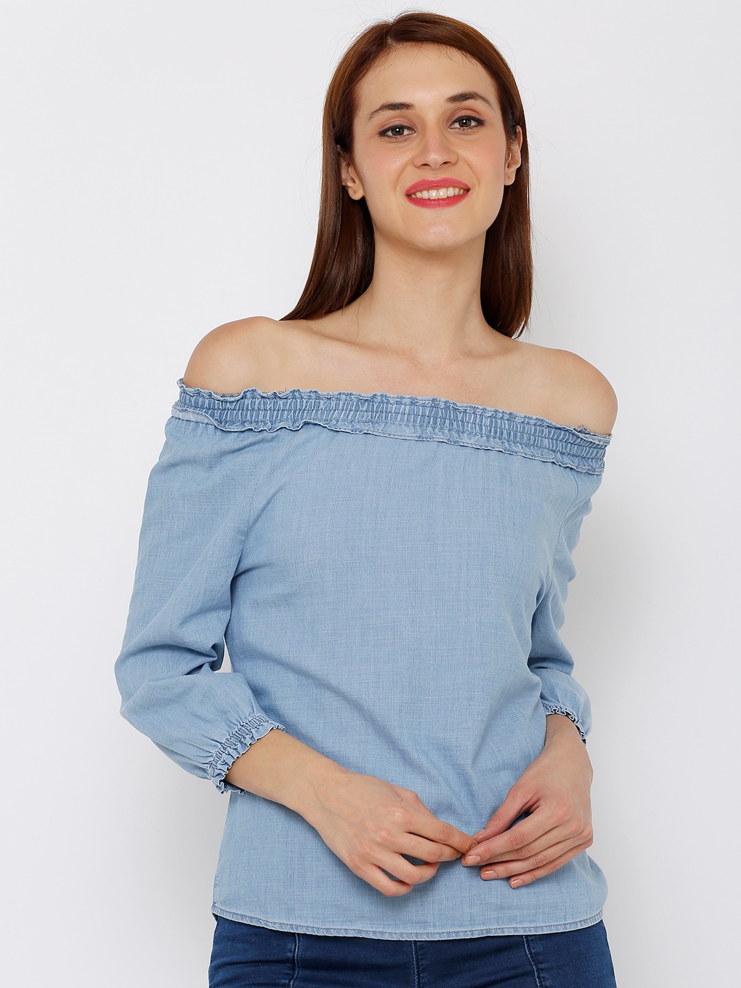 

Kraus Jeans Women Blue Solid Off-Shoulder Bardot Cotton Top