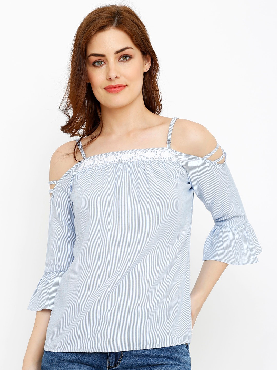 

Kraus Jeans Blue Vertical Stripes Off Shoulder Top