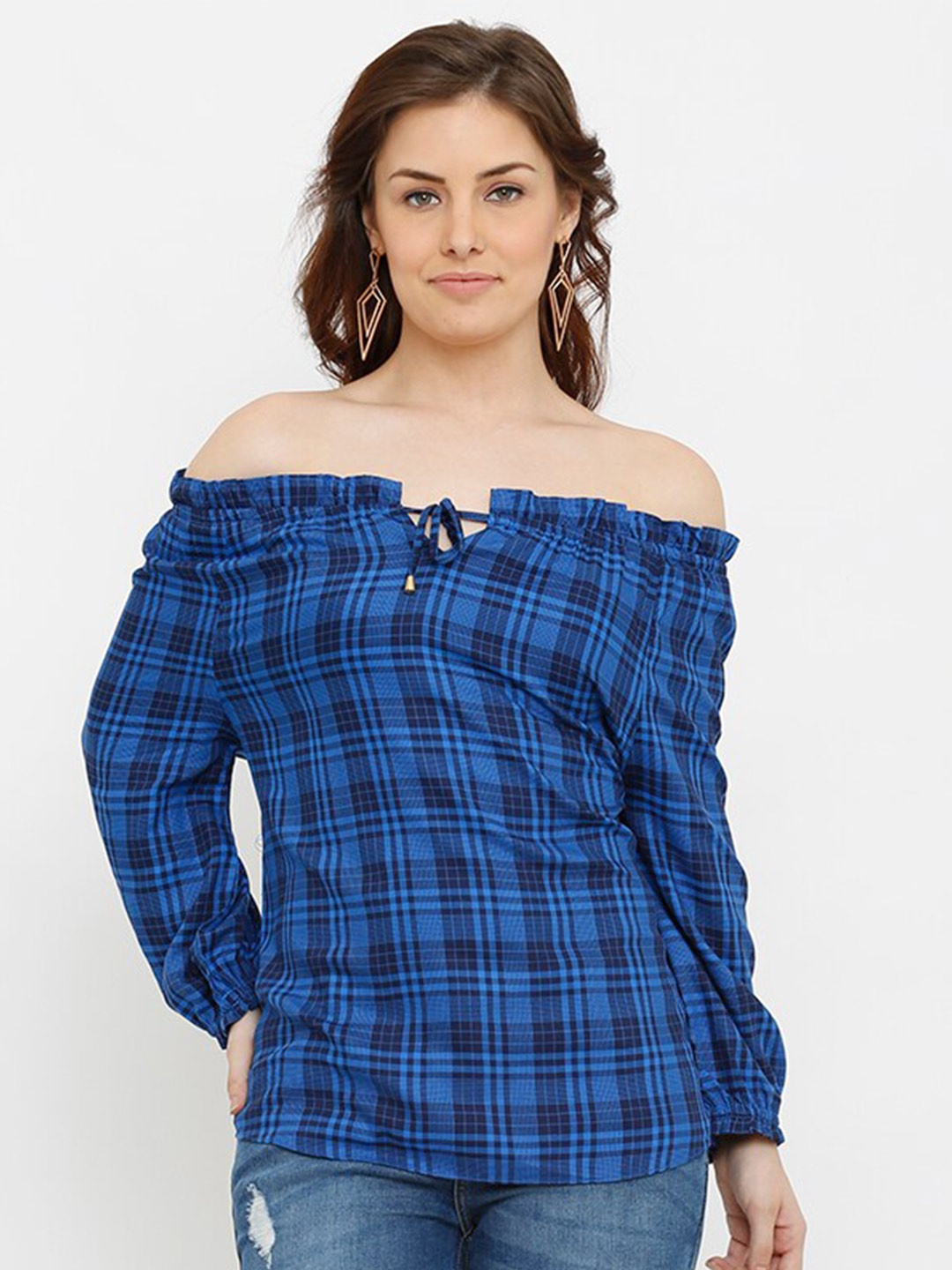 

Kraus Jeans Blue Checked Off-Shoulder Bardot Top