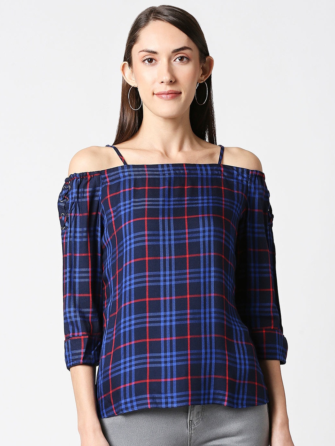 

Kraus Jeans Navy Blue & Maroon Checked Off-Shoulder Bardot Top