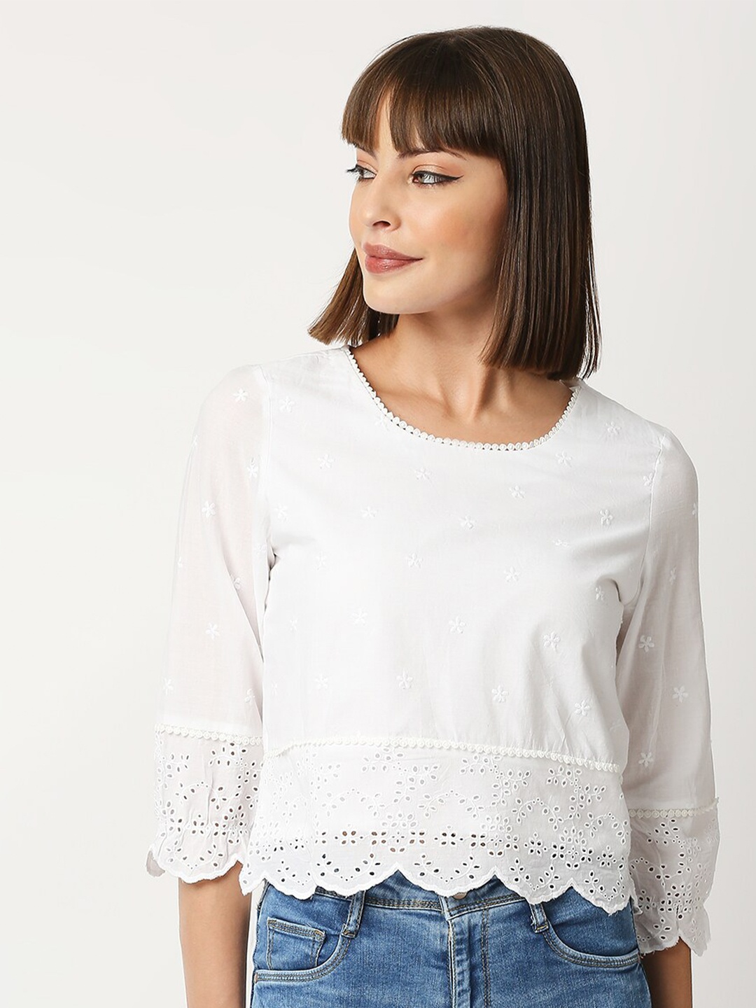 

Kraus Jeans White Schiffli Pure Cotton Crop Top
