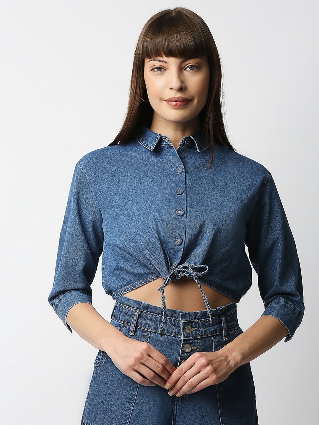 

Kraus Jeans Blue Shirt Style Denim Pure Cotton Crop Top
