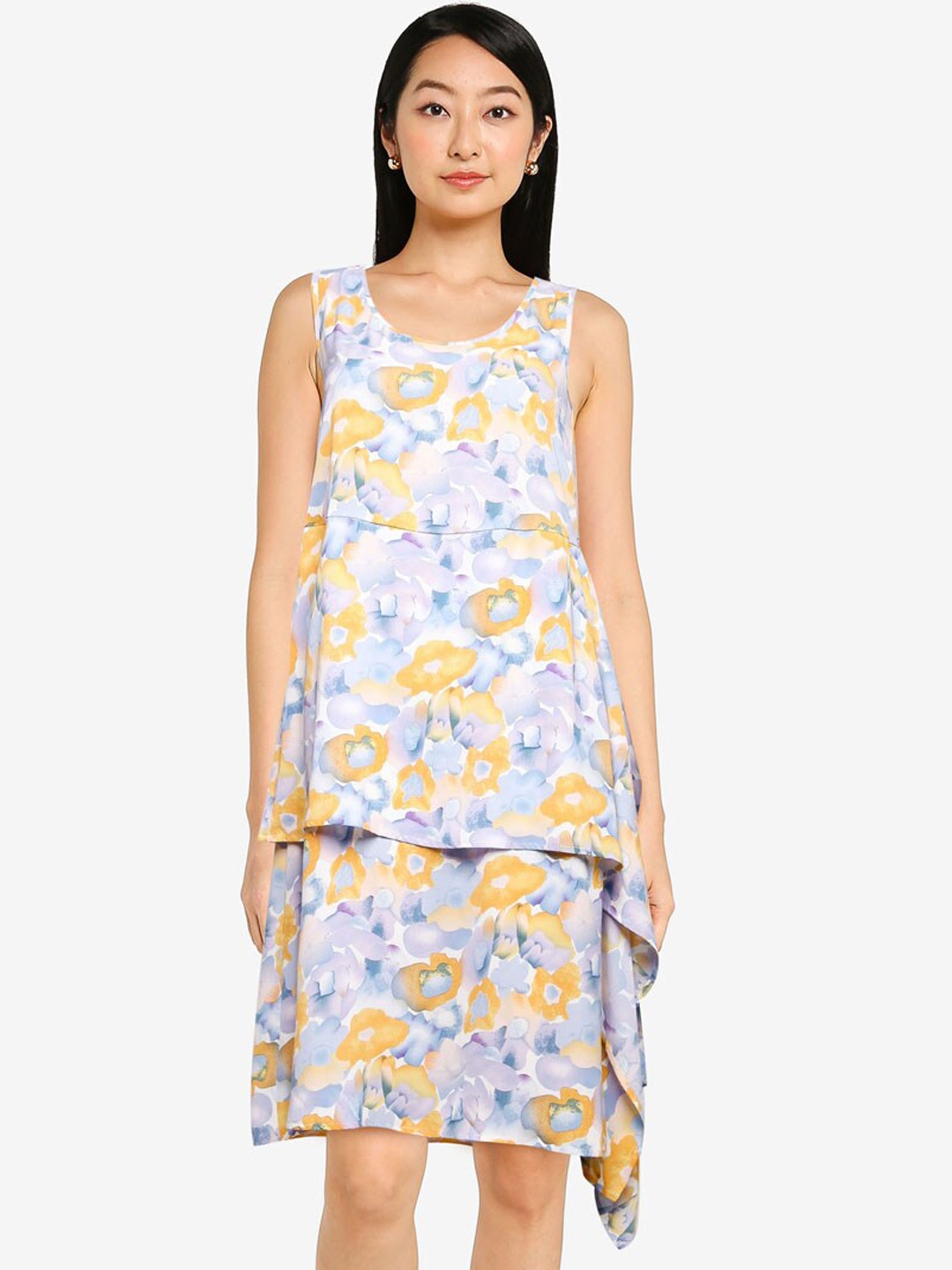 

ZALORA BASICS Blue & Yellow Abstract Printed Asymmetric Layered A-Line Dress