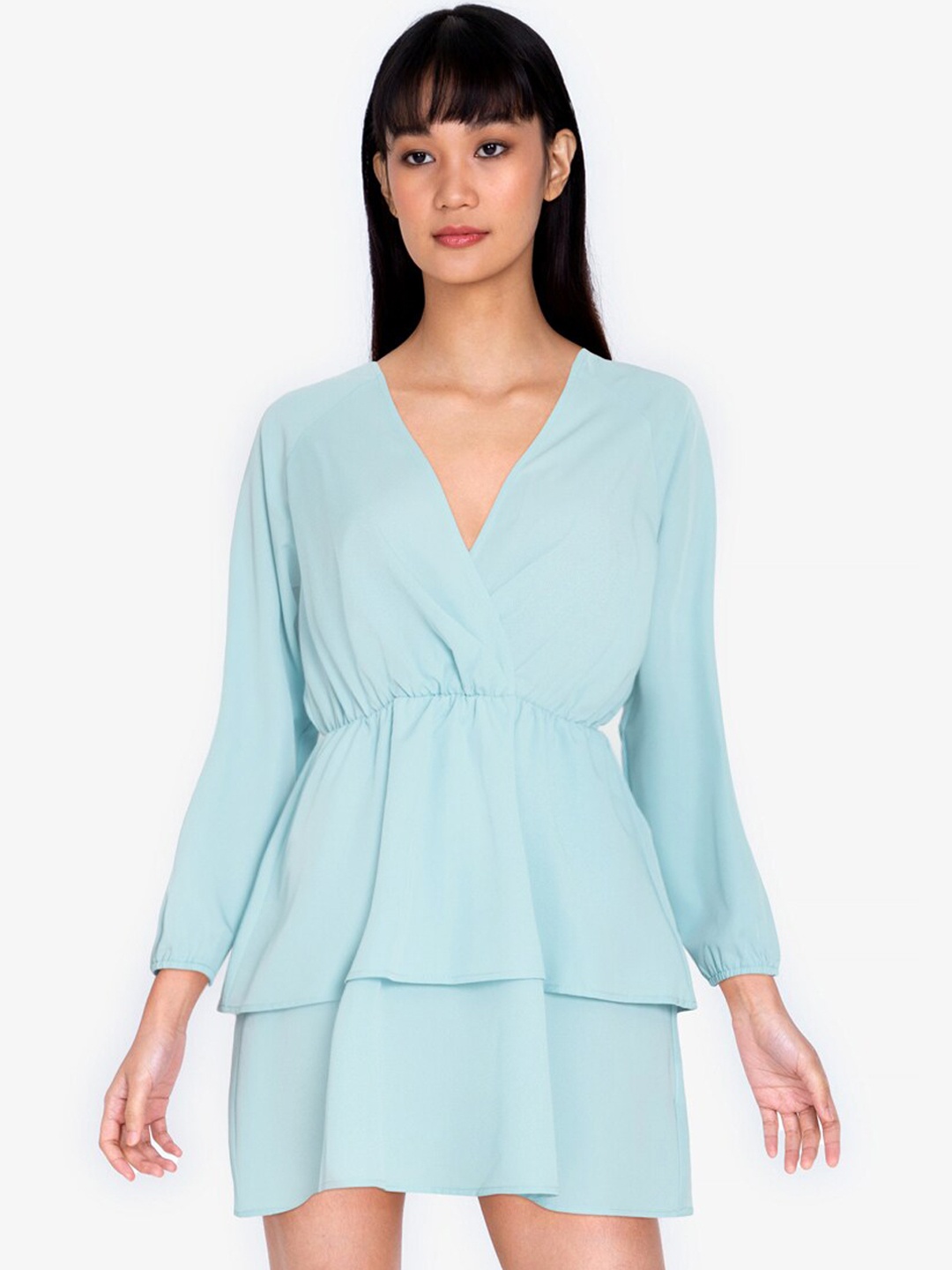 

ZALORA BASICS Women Turquoise Blue Solid Wrap Layered Mini Dress
