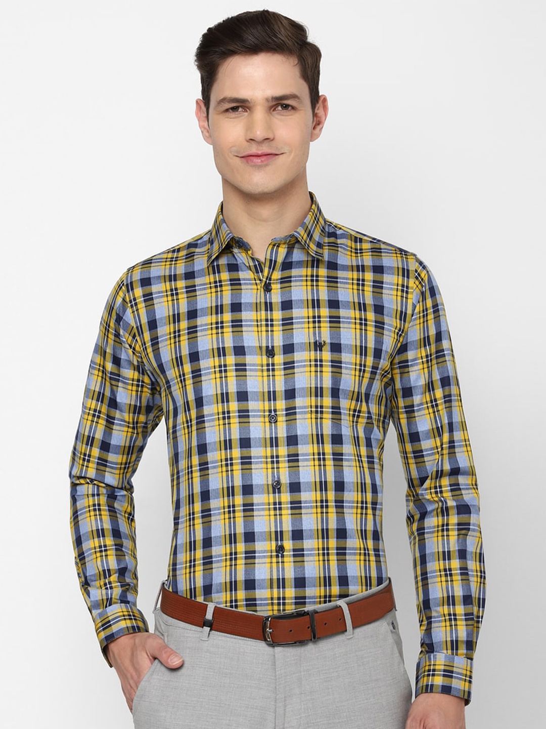 

Allen Solly Men Grey & Yellow Slim Fit Tartan Checked Formal Shirt