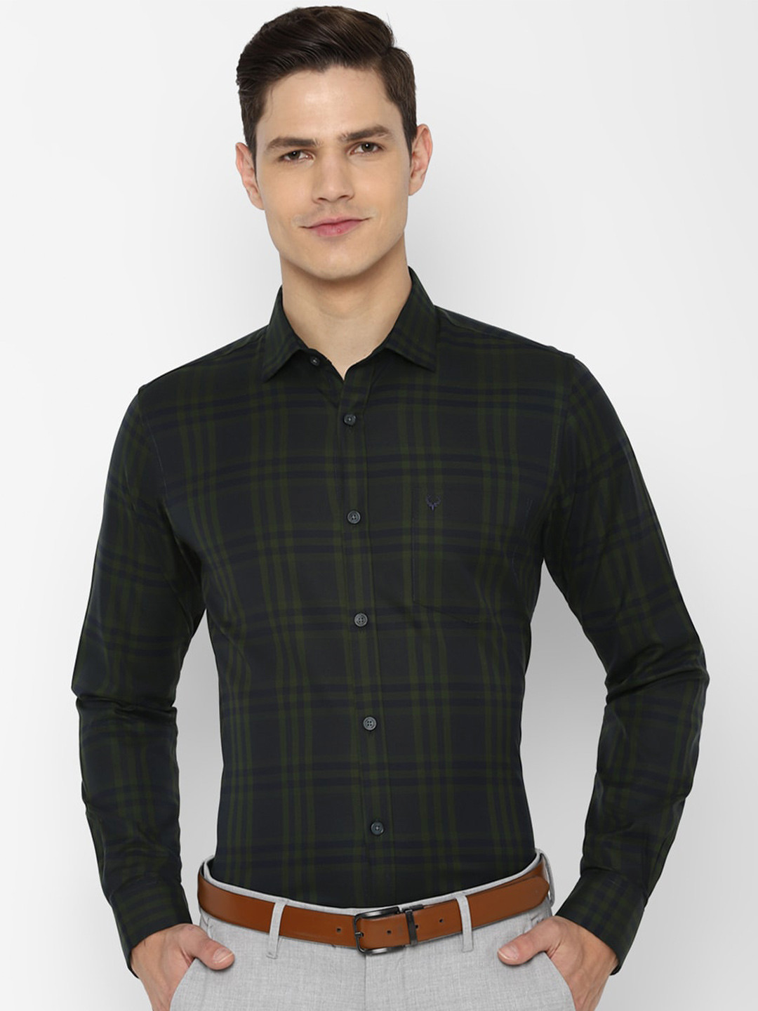 

Allen Solly Men Olive Green Slim Fit Checked Formal Shirt