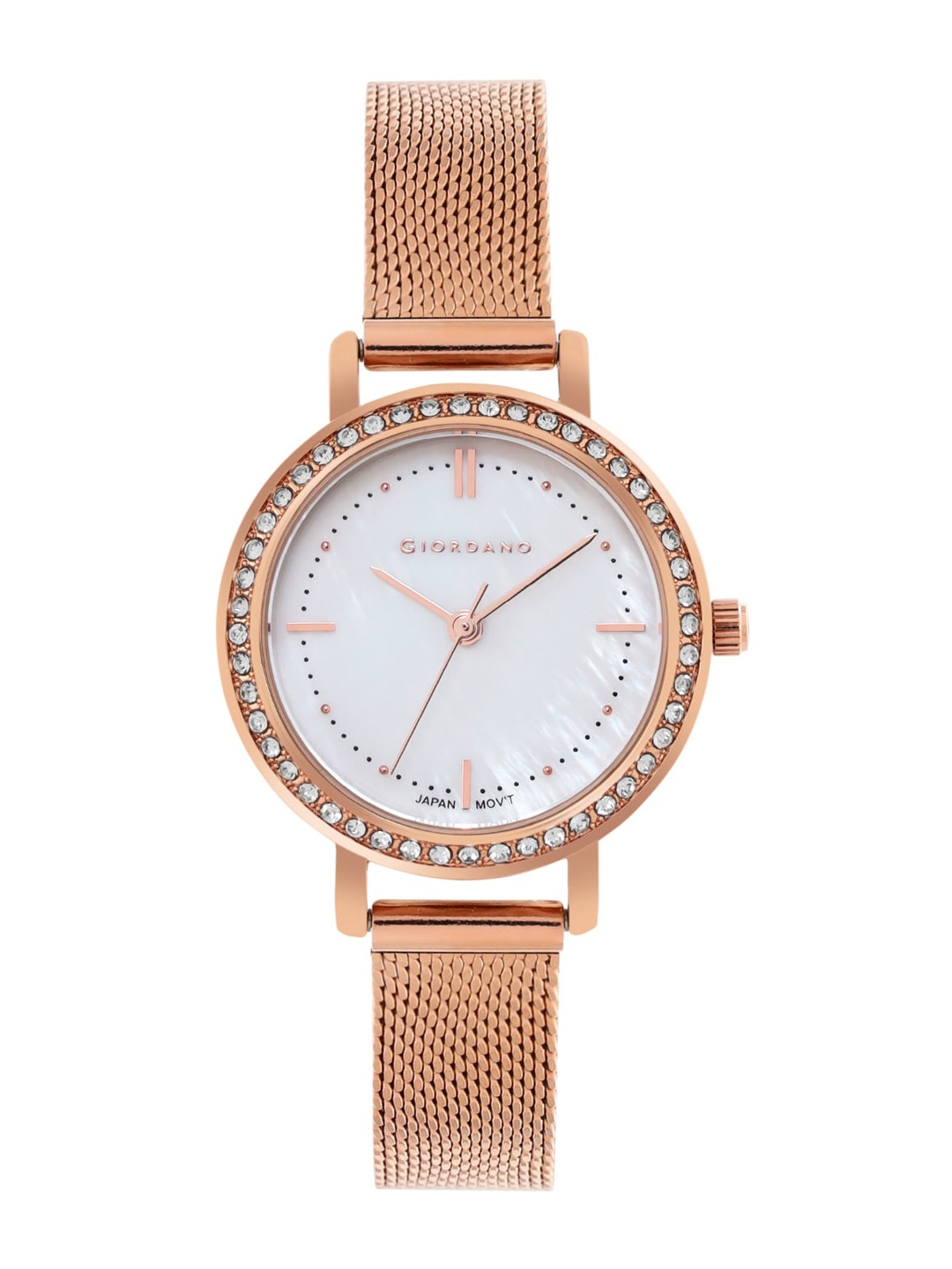 

GIORDANO Women White Embellished Dial & Rose Gold Toned Bracelet Style Straps Analogue Watch GD-60004-22