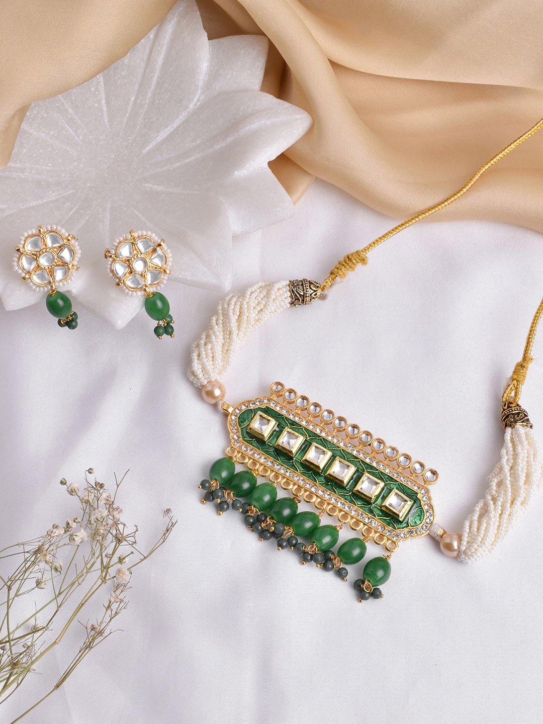 

TEEJH Gold-Plated Green & White Stone-Studded Jewellery Set