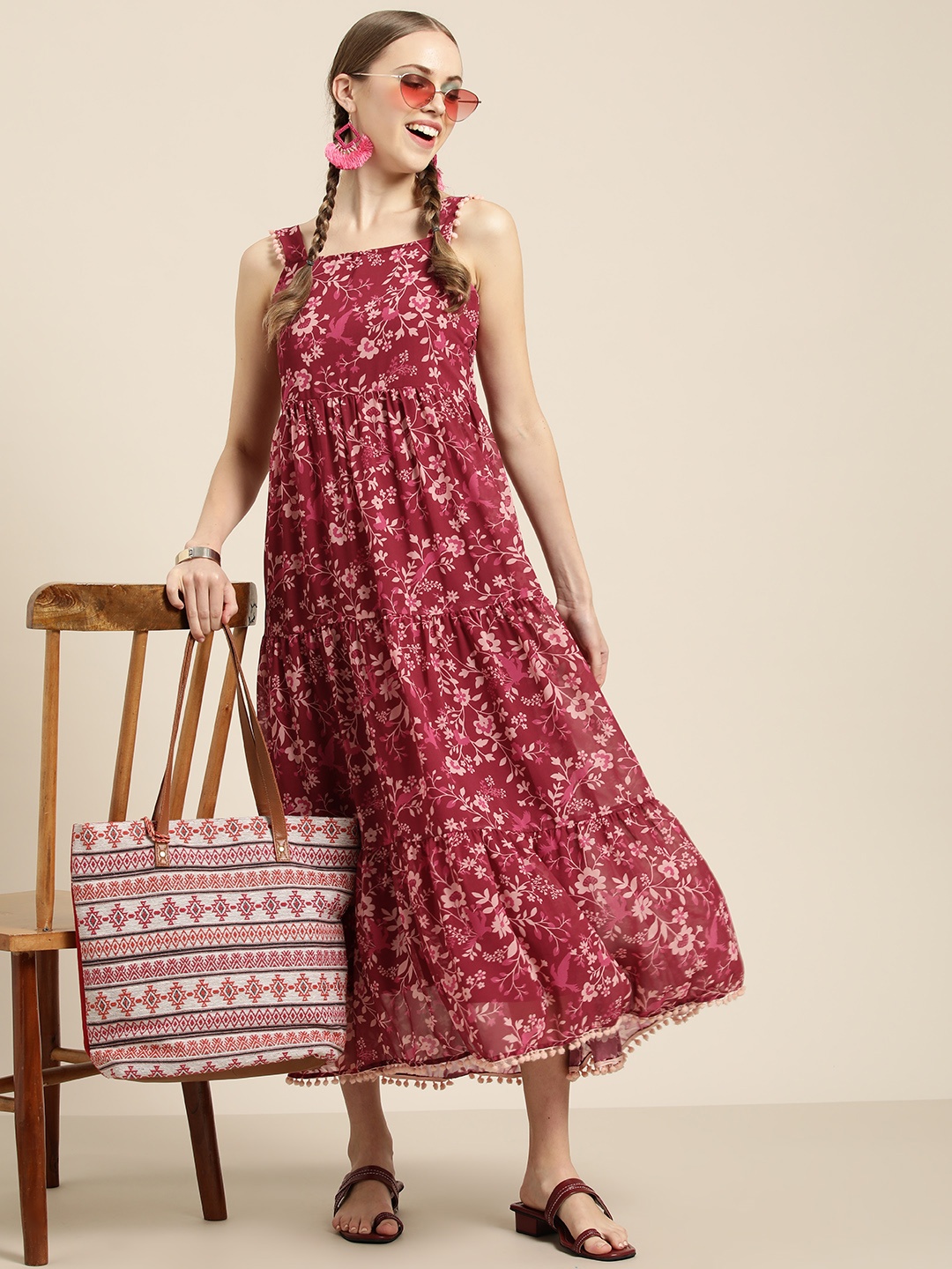 

Sangria Women Fuchsia & Pink Floral Printed Ethnic Midi Dress