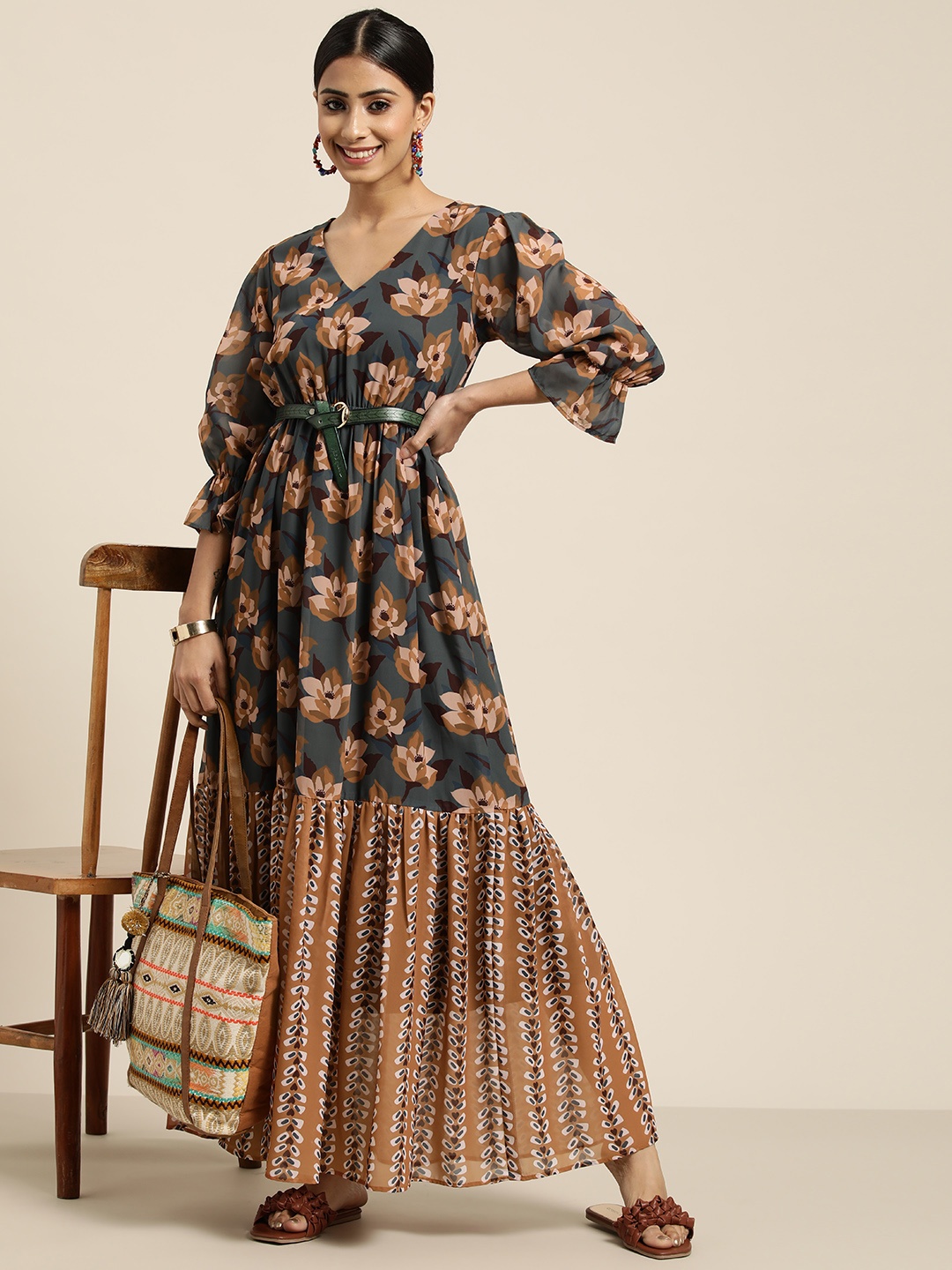 

Sangria Women Teal Green & Mustard Brown Floral Georgette A-Line Maxi Dress