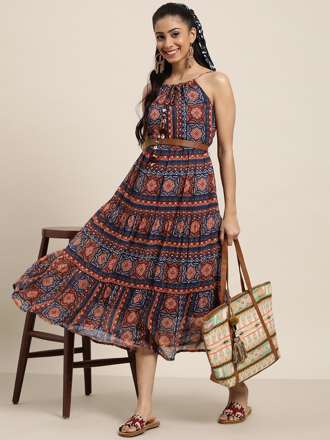 

Sangria Women Blue & Maroon Ethnic Motifs Printed Georgette A-Line Midi Dress