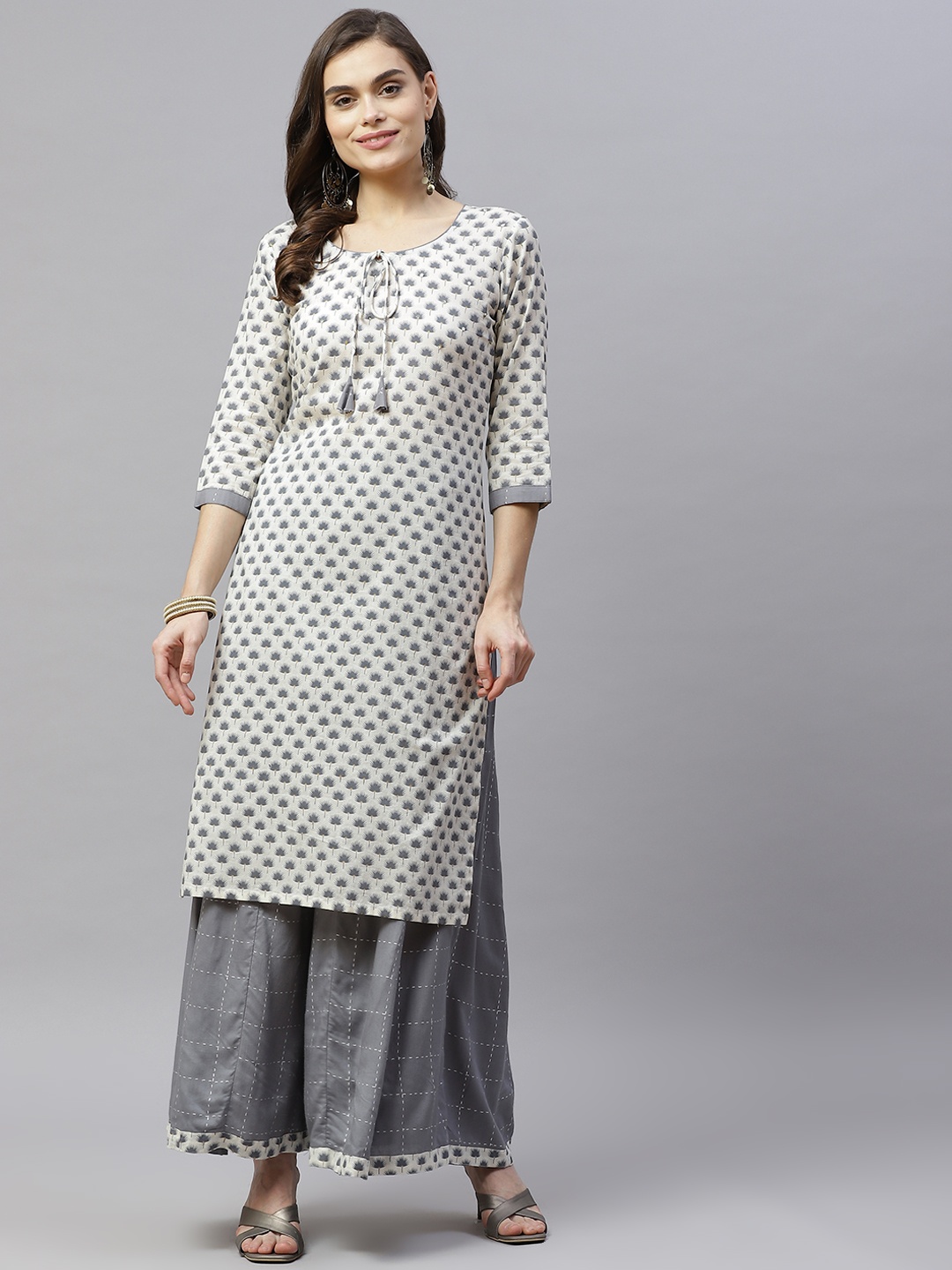 

MIRAVAN Women Grey Ethnic Motifs Printed Pure Cotton Kurta with Palazzos