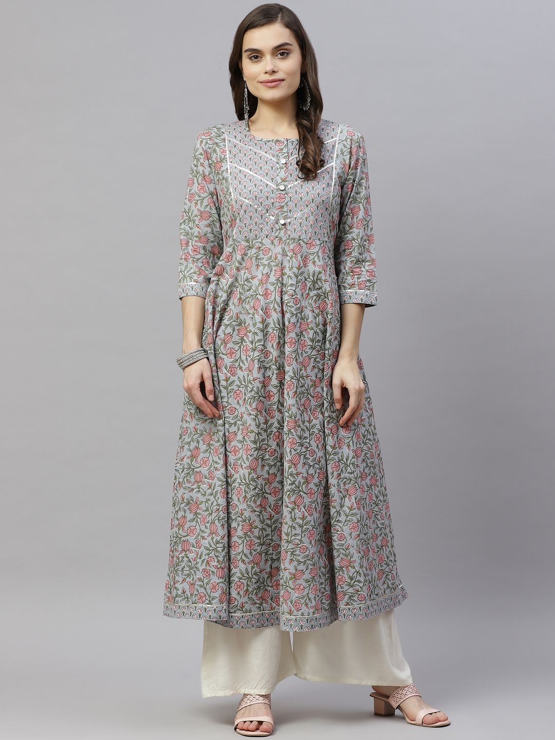 

MIRAVAN Women Blue & Pink Ethnic Motifs Printed Gotta Patti Anarkali Kurta