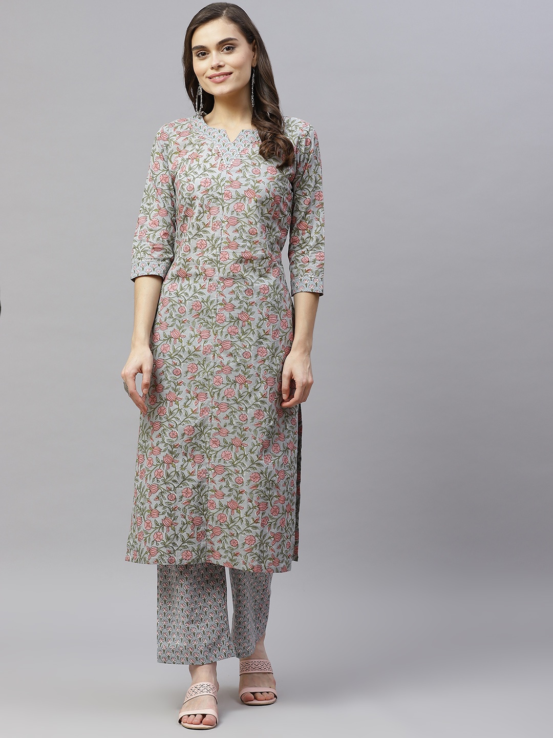 

MIRAVAN Women Blue Ethnic Motifs Printed Gotta Patti Pure Cotton Kurta with Palazzos