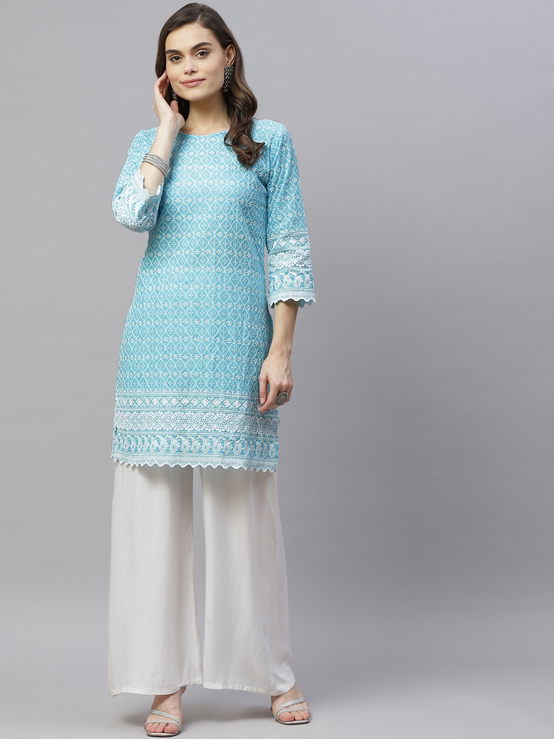 

MIRAVAN Women Blue & White Ethnic Motifs Embroidered Chikankari Kurta