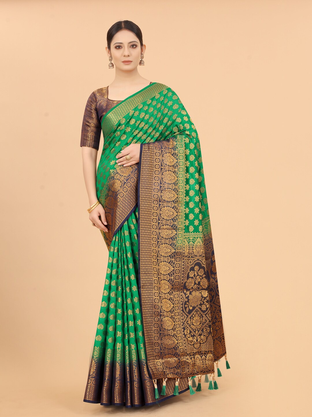 

FINE WEAR Green & Navy Blue Ethnic Motifs Zari Silk Cotton Banarasi Saree