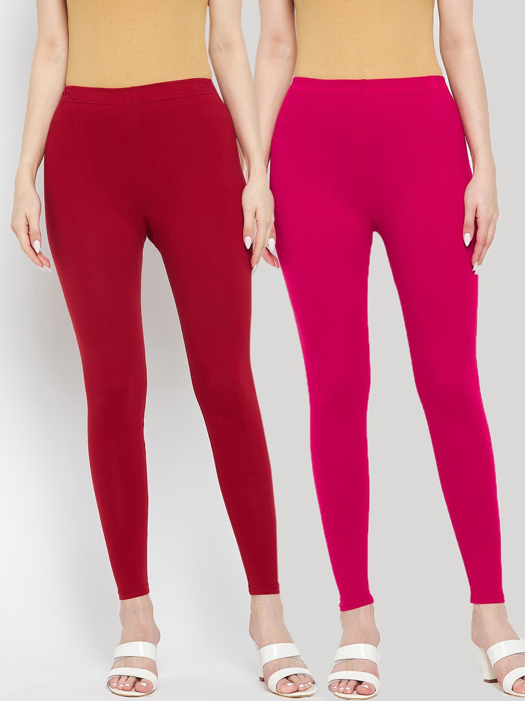 

Clora Creation Women Set Of 2 Maroon & Pink Solid Ankle Length Leggings