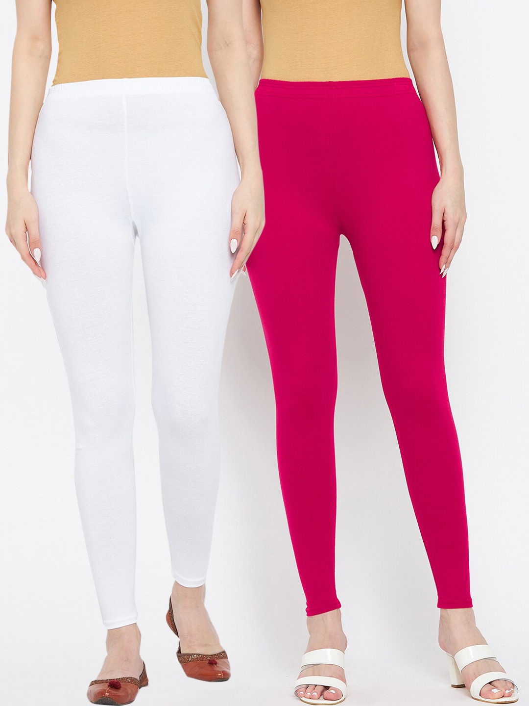 

Clora Creation Pack of 2 Magenta & Off-White Solid Ankle Length Leggings, Multi