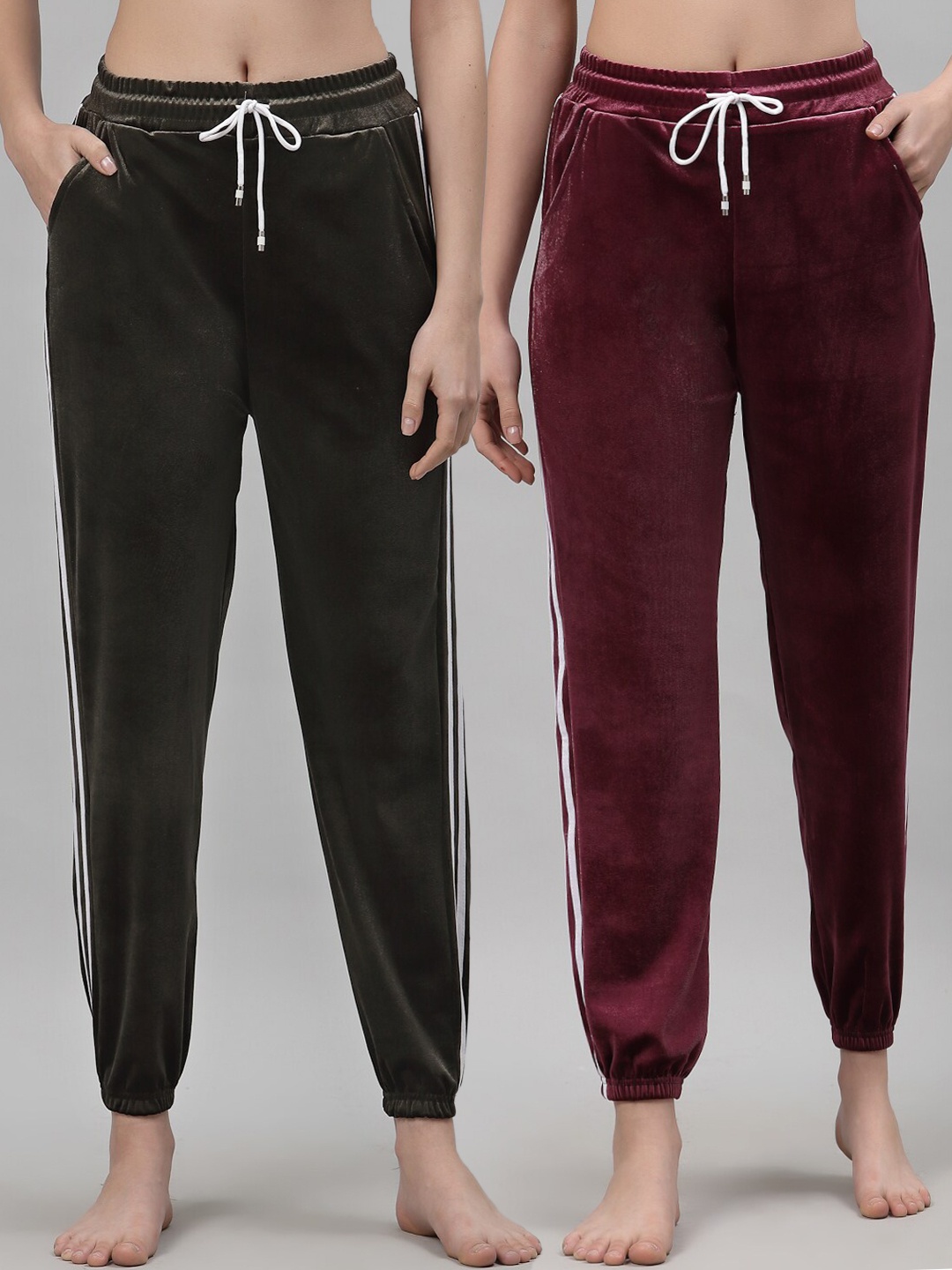 

NEUDIS Women Pack Of 2 Olive Green & Wine Solid Lounge Pant