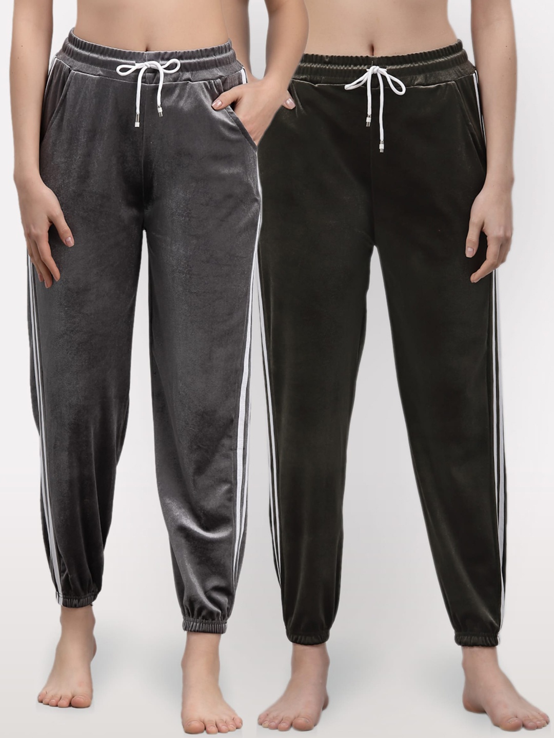

NEUDIS Women Pack of 2 Grey & Olive Green Solid Velvet Finish Lounge Pants